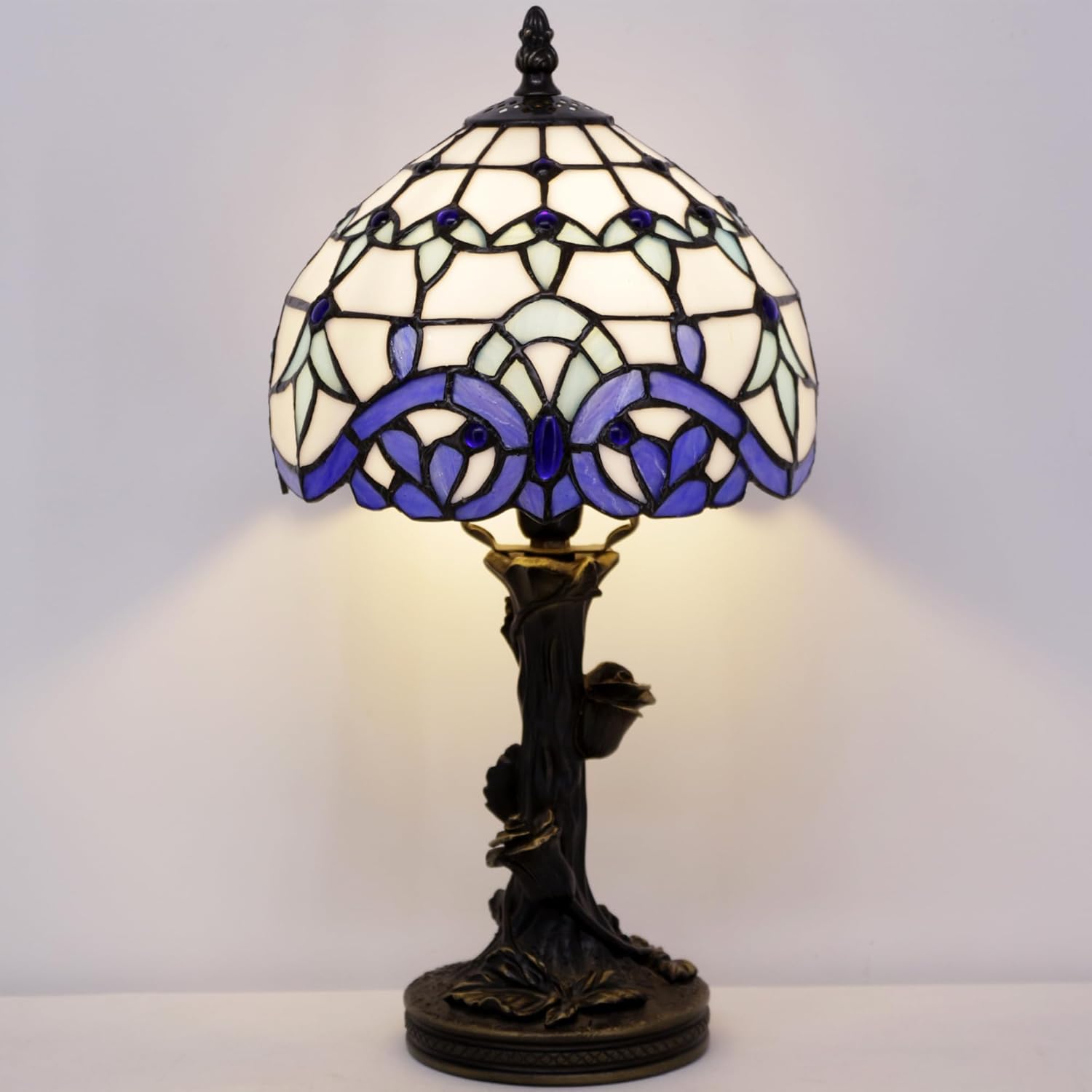 Small Tiffany Table Lamp Stained Glass Desk Lamp White Baroque Style Bedside Desk Light Mini Accent Desk Memory Lamp 8X15 Inch