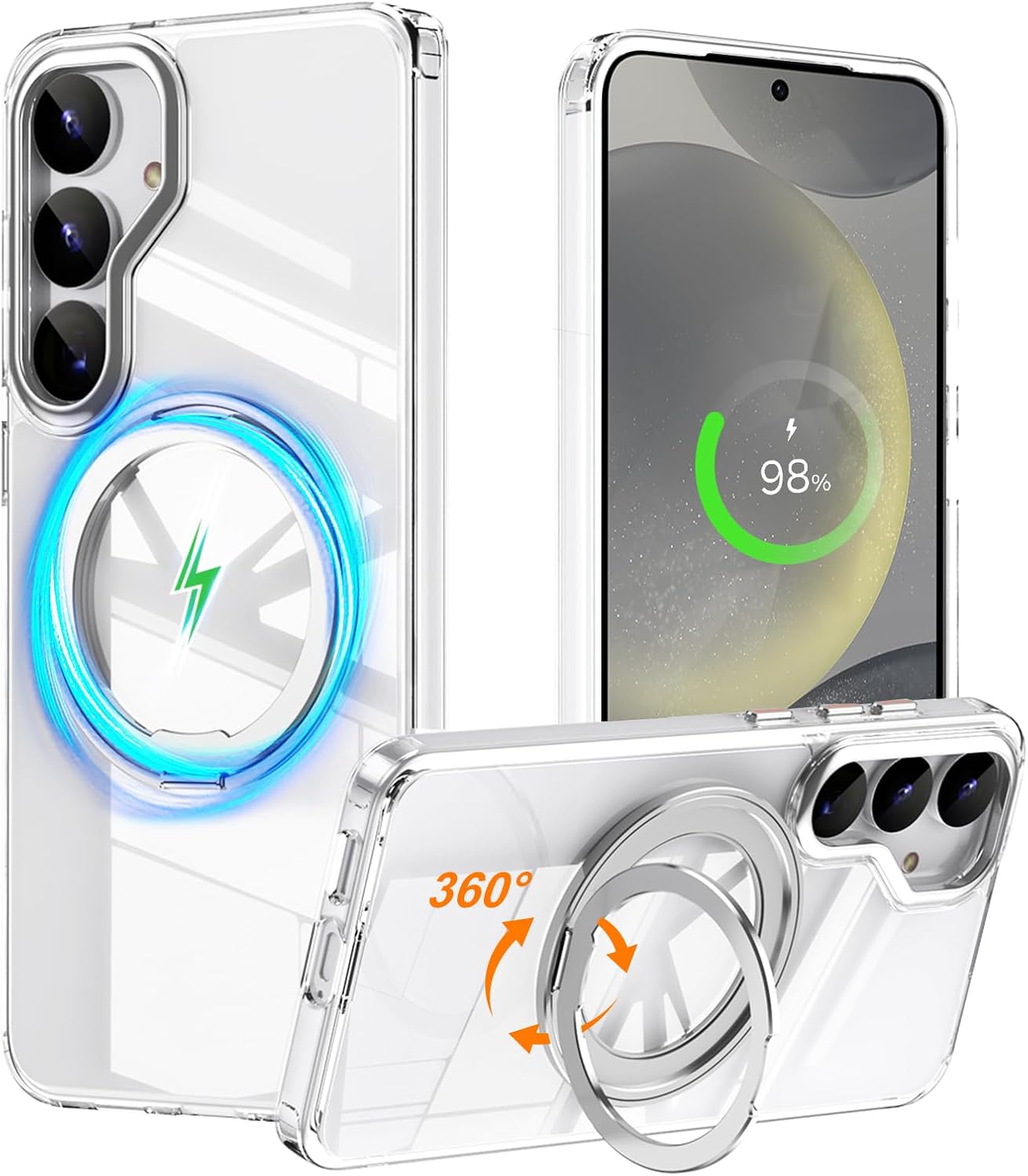 Compatible with Samsung Galaxy S25 Case 360° Invisible Ring Stand Magnetic Case [Compatible with Magsafe][Military Drop Protection] Anti-Fingerprint Shockproof Translucent Design for S25（Clear）