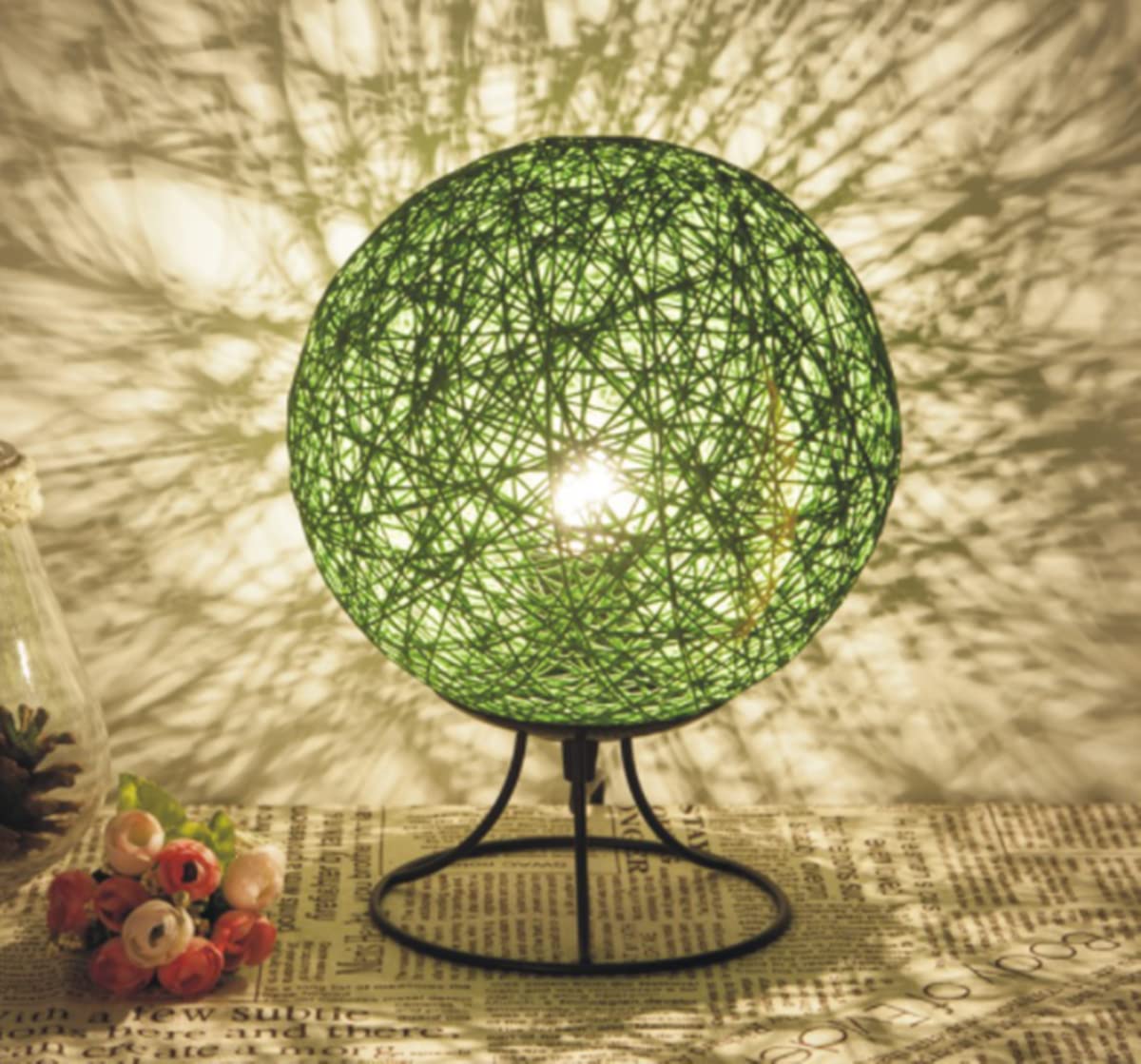 AALIN LED Table Light, Wooden Night Light Bedside Lamp Rattan Ball Desk Lamp USB Powered Reading Lamp Children Room Decoration Lamp Office Desk Lamp (Lron Frame, Green)