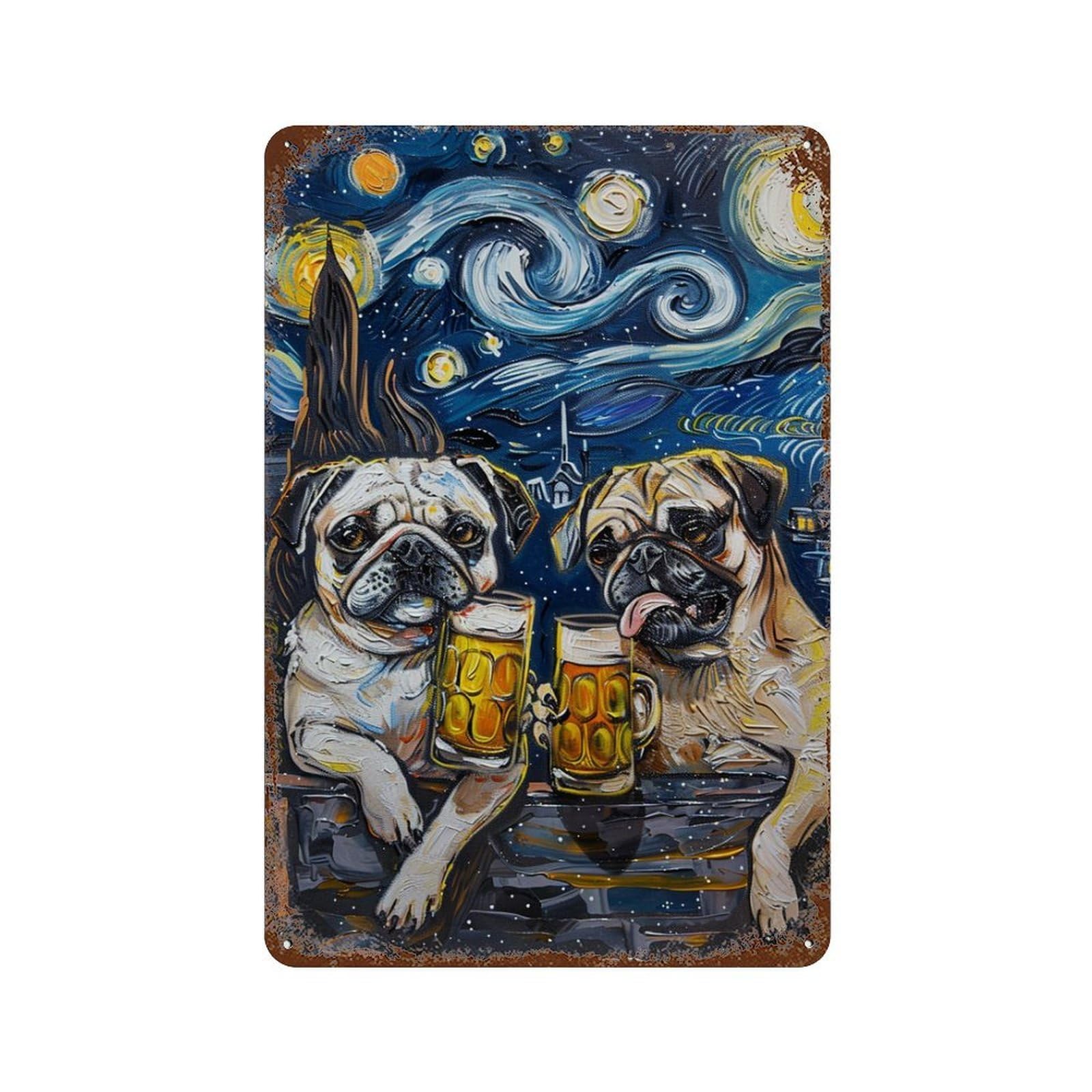 Pugs Drinking Beer Art Print 11.8"x7.9" Retro Metal Sign, Vintage Wall Decor for Office, Studio And Wall Decor
