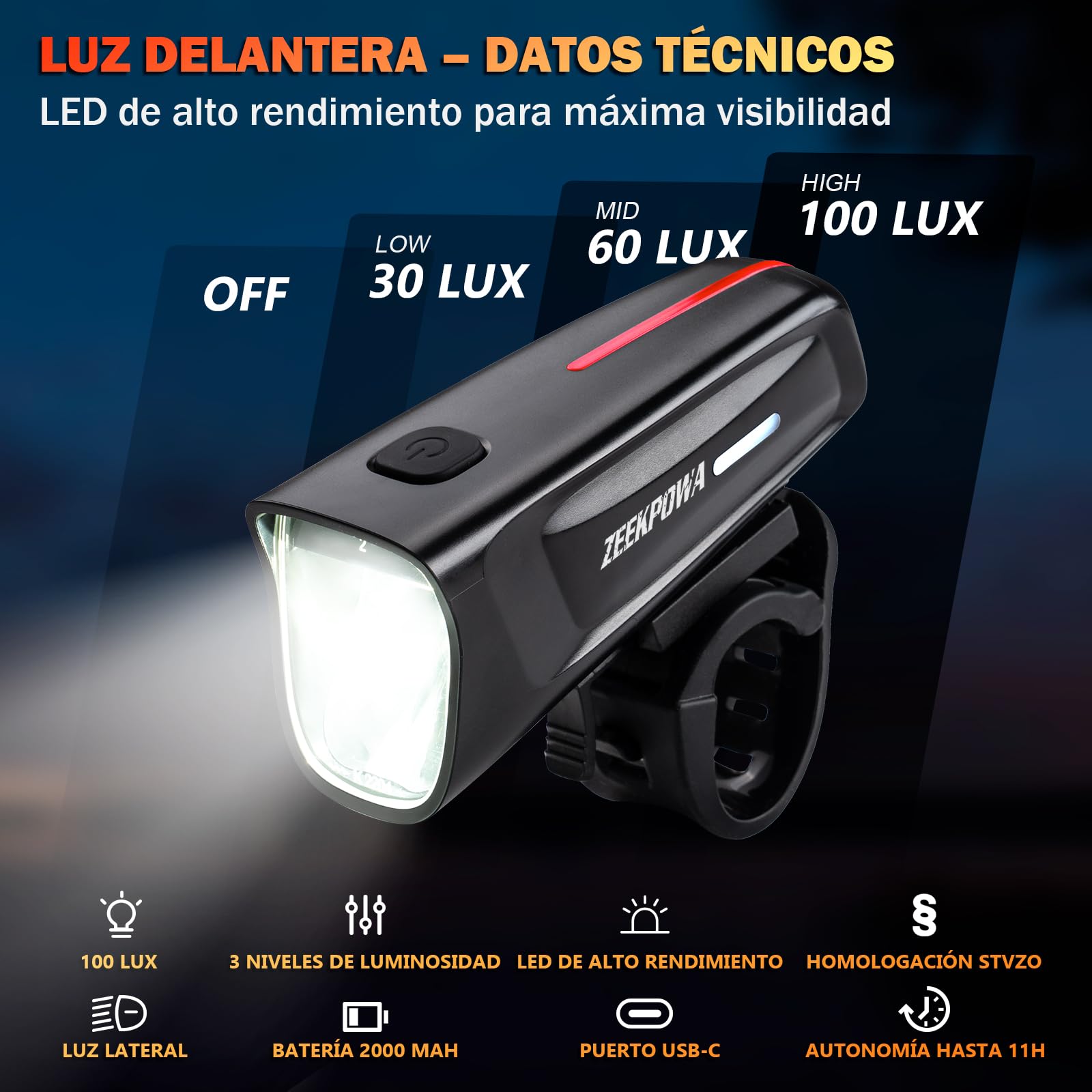 Juego de luces para bicicleta (100 lux, StVZO, batería USB-C, luz delantera + luz trasera con función de luz de freno, resistente al agua IPX5, para desplazamientos y conducción nocturna)