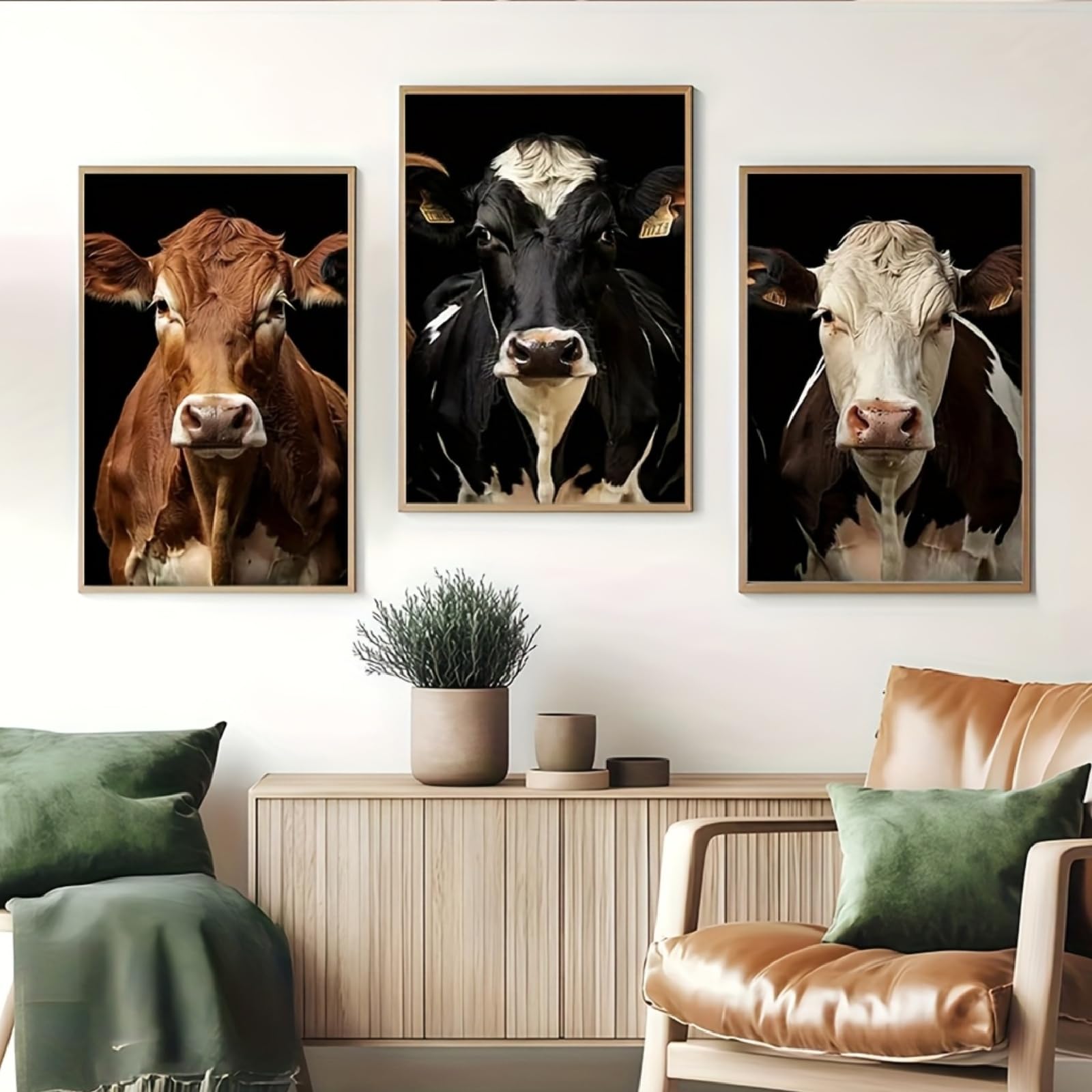 ZBELLO Set of 3 Posters, 2D Flat, Farm Cow Wall Art, Featuring A Bull’s Head, Lack Background Cattle Prints, for Decorating Living Rooms, Bedrooms and Offices, Unframed Canvas Posters (50x70cm)