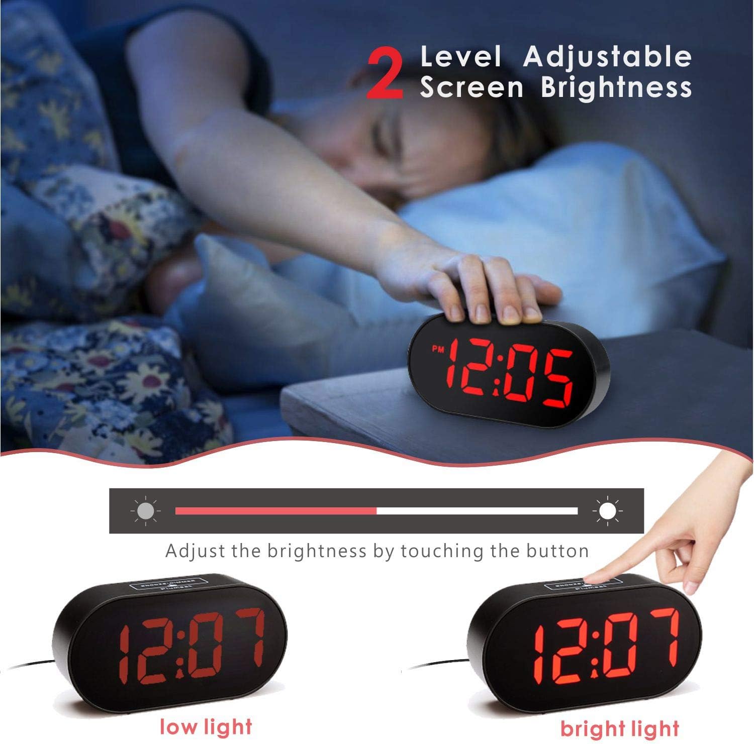 Plumeet LED Alarm Clocks Digital Clock with Dimmer and Snooze - 2 Level Alarm Volume Optional - Large Red Digit Display Bedside Clocks with USB Port Phone Charger - Simple Operation (Red)