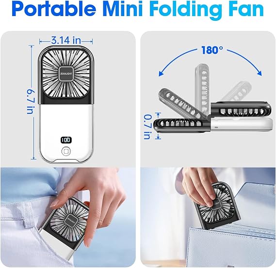 USB Rechargeable Upgraded 5-in-1 Portable Handheld Fan, Necklace Fan, Desk Fan, Foldable Phone Stand, 4 Speeds Airflow, Quiet Personal Fans with LED Digital Screen (Black)