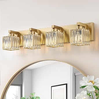 Gold Crystal Bathroom Vanity Lights, 4 Lights Bathroom Lighting Fixtures Over Mirror Modern Gold Crystal Bath Wall Light with Square Shade | Bathroom Lighting Fixtures Over Mirror Modern Gold Crystal Bath Wall Light with Square Shade