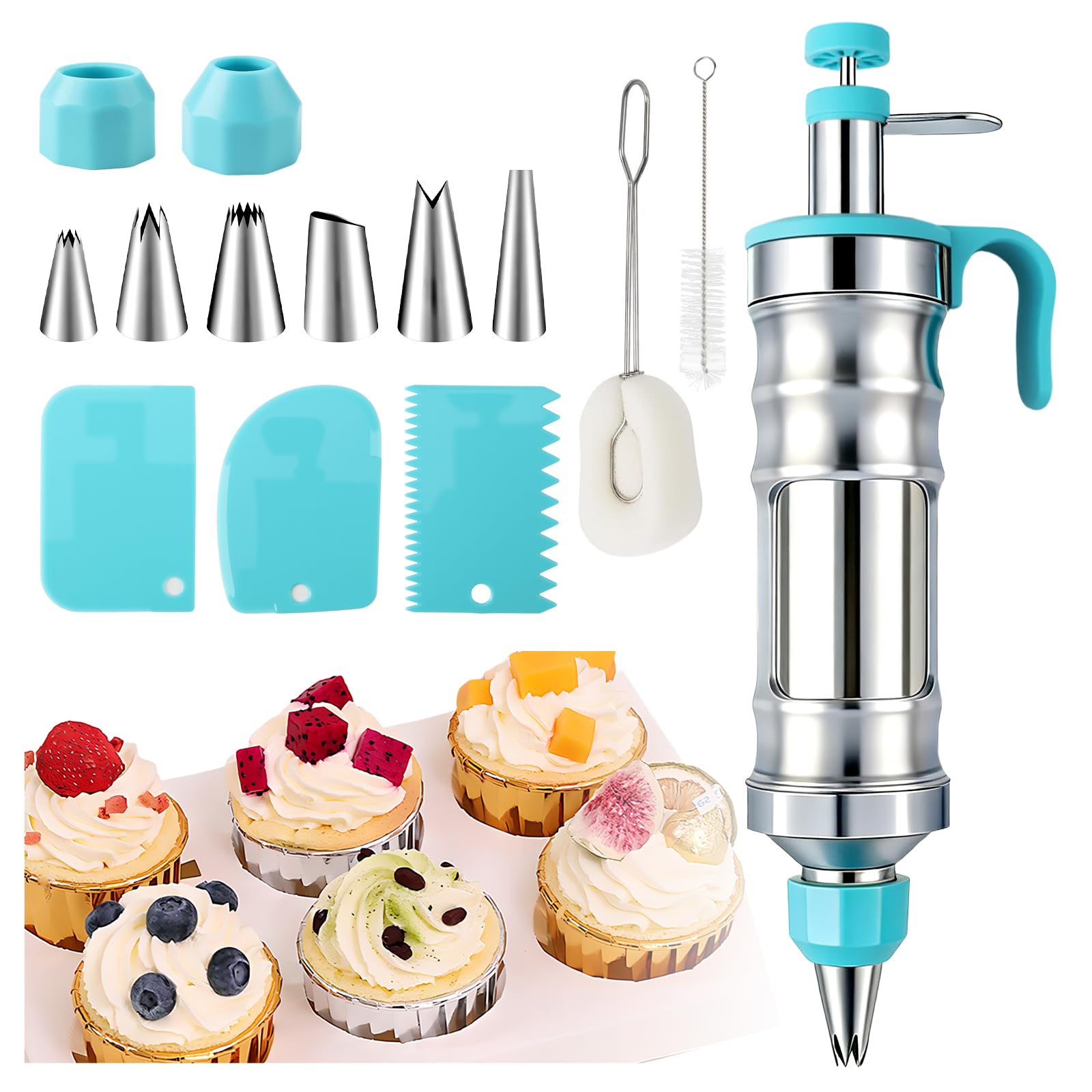 Icing Piping Kit,14-Piece Stainless Steel Cake Decorating Syringe Set with 6 Nozzles & 3 Scrapers, 2 Brush,Professional Baking Tools for Cupcakes,Cakes,Cookies,Desserts (Blue)