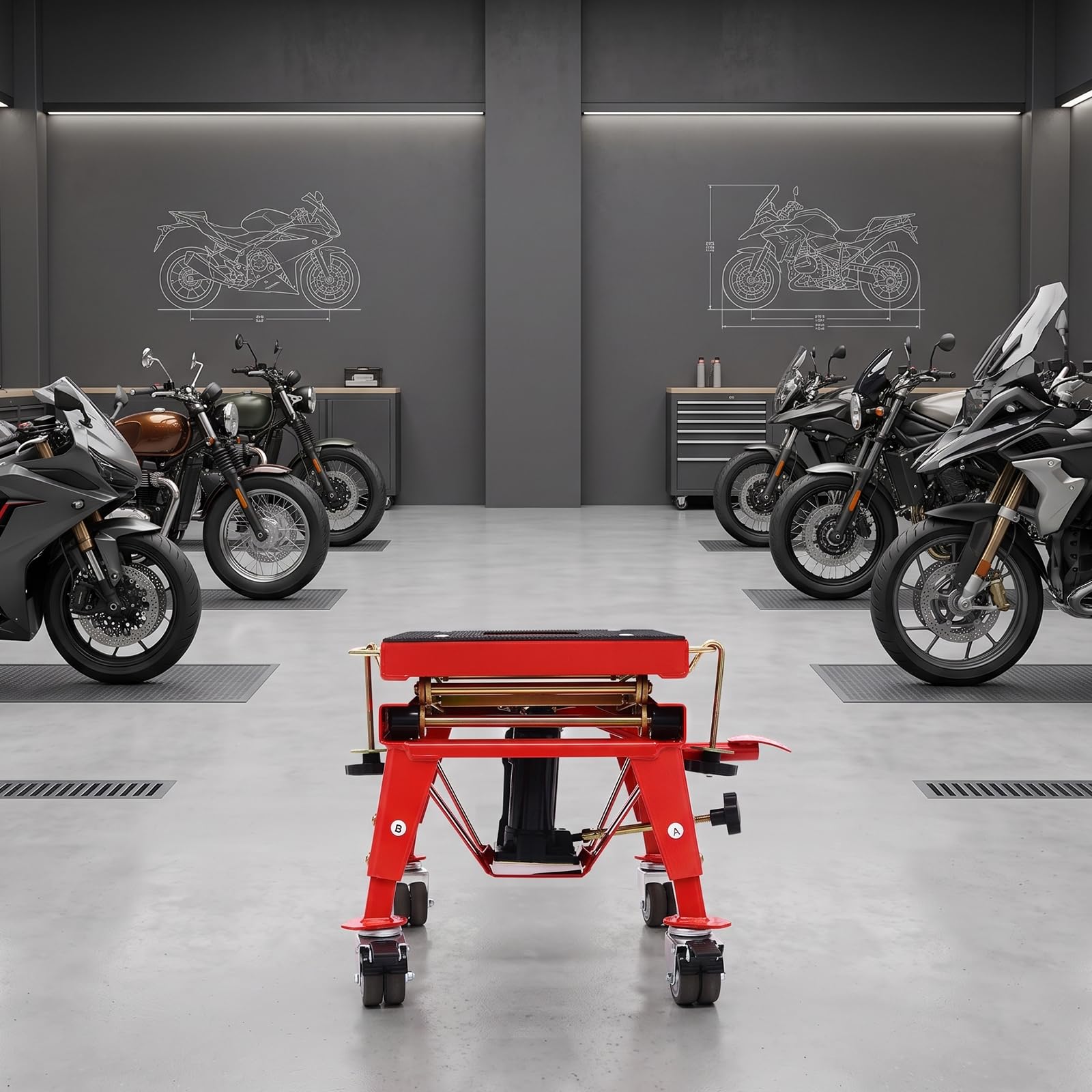Tavolo sollevatore idraulico per moto, 160 kg, regolabile in altezza, rosso