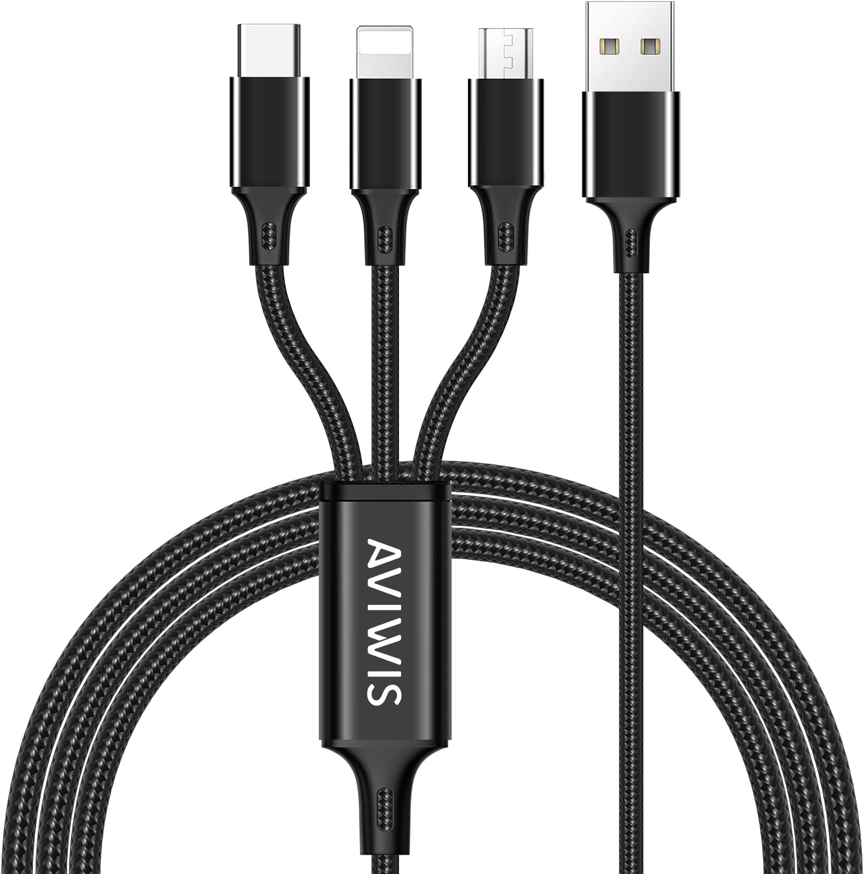 AVIWIS Multi Charger Cable, 3 in 1 Multi Charging Cable Nylon Multi USB Charger Cable with Micro USB Type C iP for Phone 13 12 11 Android Galaxy S22 S21 S20, Huawei, OnePlus, Kindle, LG - 1.2M Black