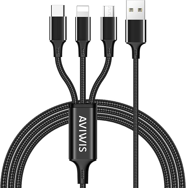AVIWIS Multi Charger Cable, 3 in 1 Multi Charging Cable Nylon Multi USB Charger Cable with Micro USB Type C iP for Phone 13 12 11 Android Galaxy S22 S21 S20, Huawei, OnePlus, Kindle, LG - 1.2M Black