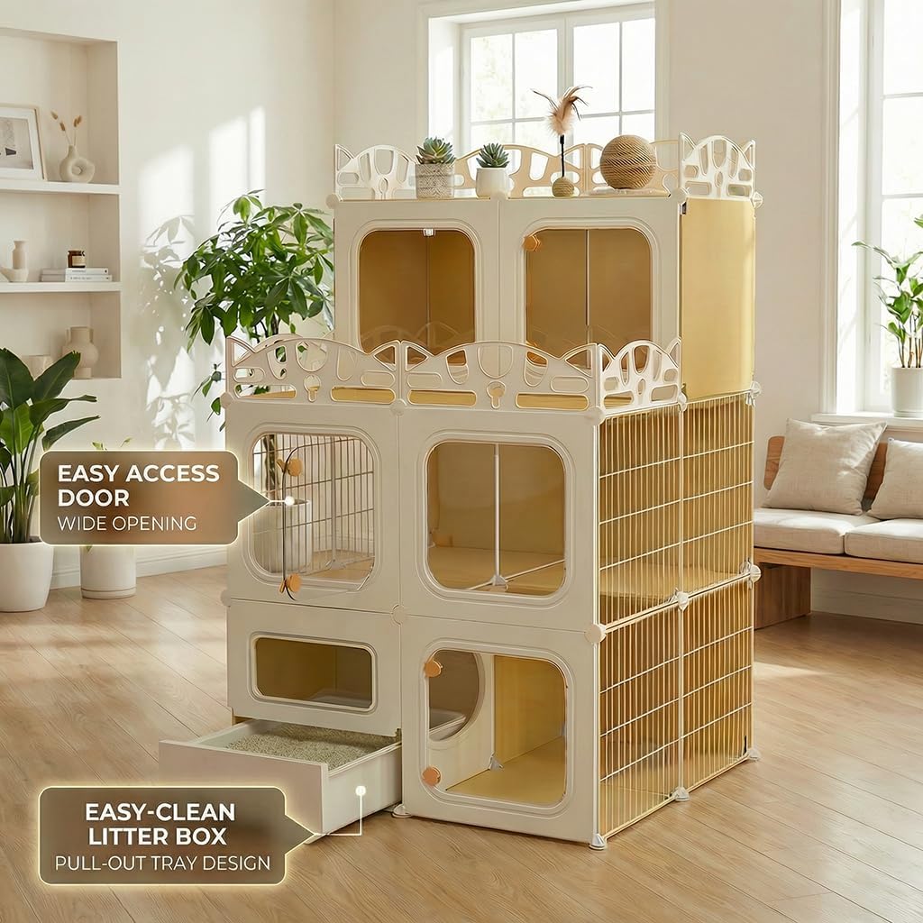Cat Cage with Built-in Litter Box & Interactive Platform, Top Storage Shelf, Cat Cage Indoor & Outdoor Use, Expandable Cat Playpen