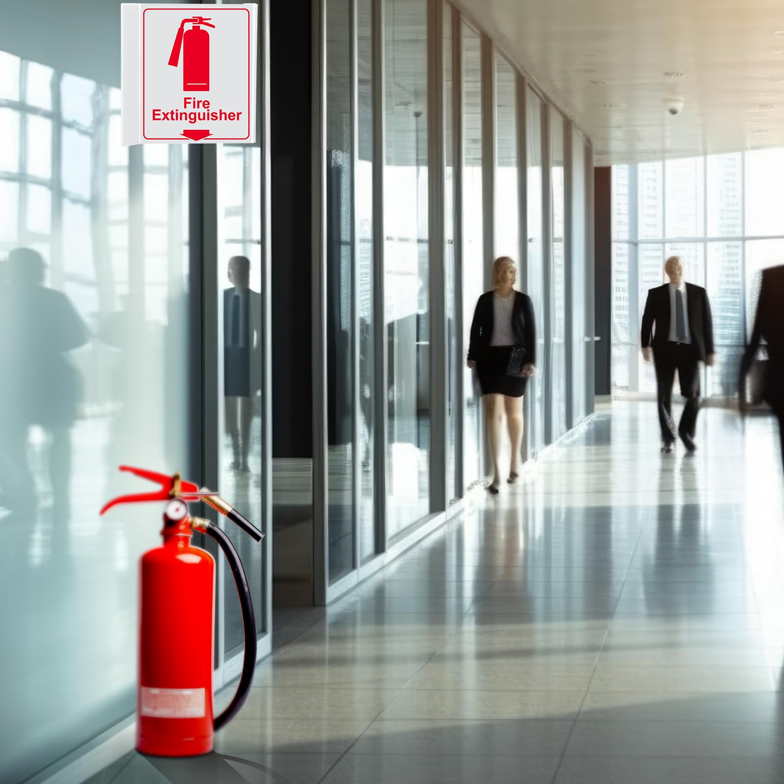 Menkxi 4 letreros de extintor de incendios que brillan en la oscuridad, 2 caras, acrílico, en forma de V, con flecha hacia abajo, 6 x 5 pulgadas, para suministros de negocios, centro comercial,
