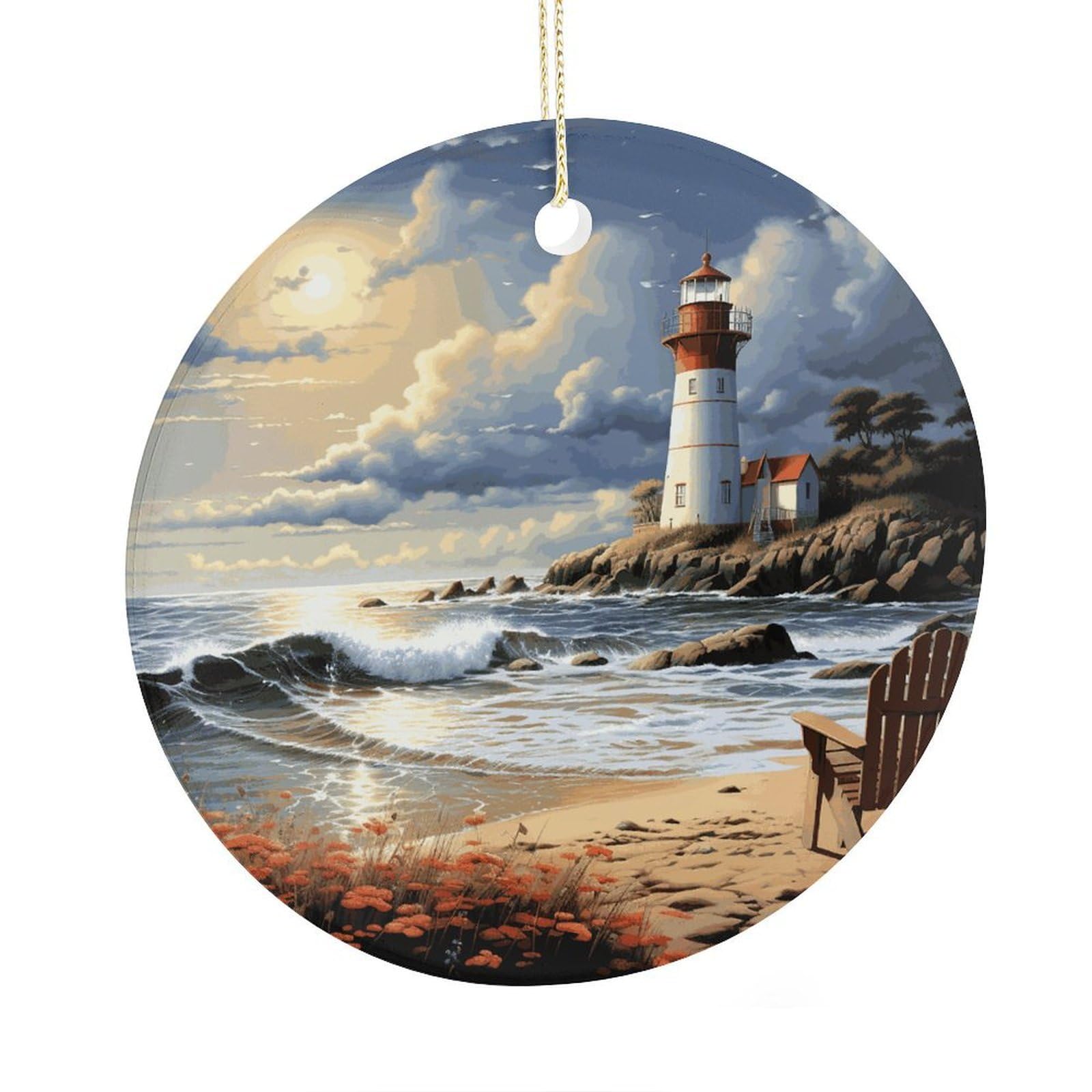 Adfgyerh Style Sea Lighthouse Sandbeach Ceramic Circular Pendant,2.9 Inch，Hanging Ornament，Gift Exchange Idea Round Ceramic Ornament,For Mom And Daughter，For Home Indoor Outdoor Decor.