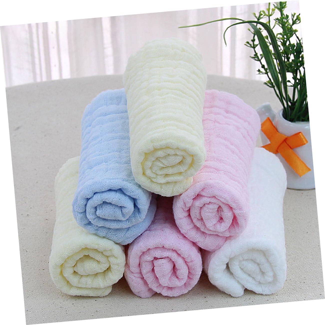 5 pcs Cotton Muslin Washcloths Soft Absorbent Facial Towels in White Yellow Pink Green Blue Breathable Multipurpose Newborn Hand and Burp Cloths for Sensitive Skin