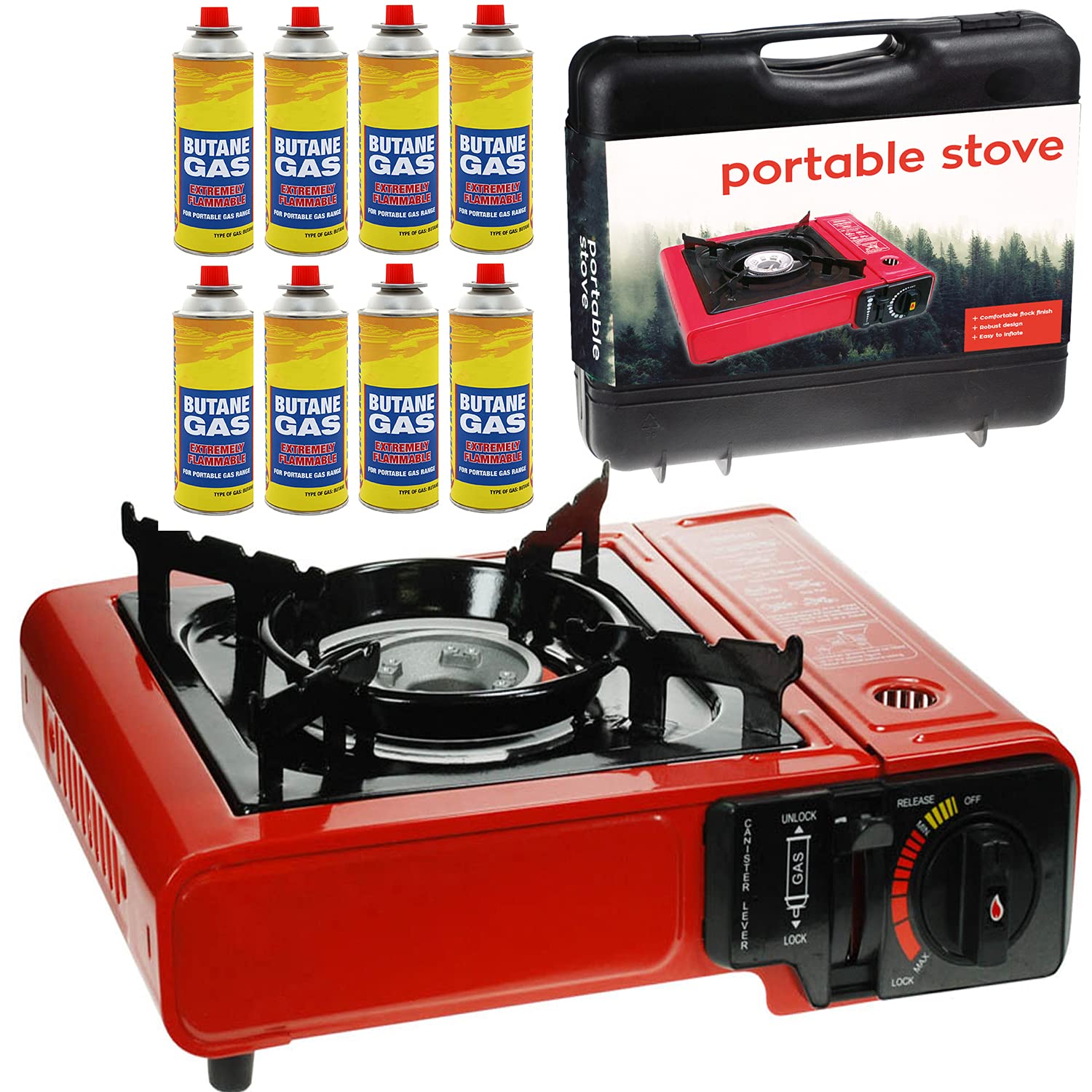 Buy GREEN HAVEN Red Portable Camping Stove with Cary Case & 8 Butane Premium Camping Stove