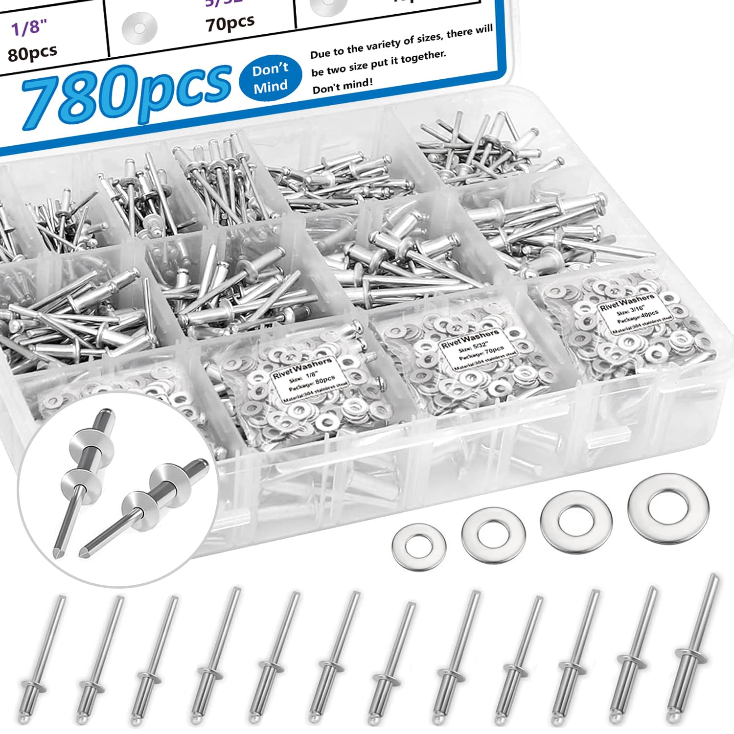 smseace 780pcs 18Values Pop Rivets with Backup Rivets Washers