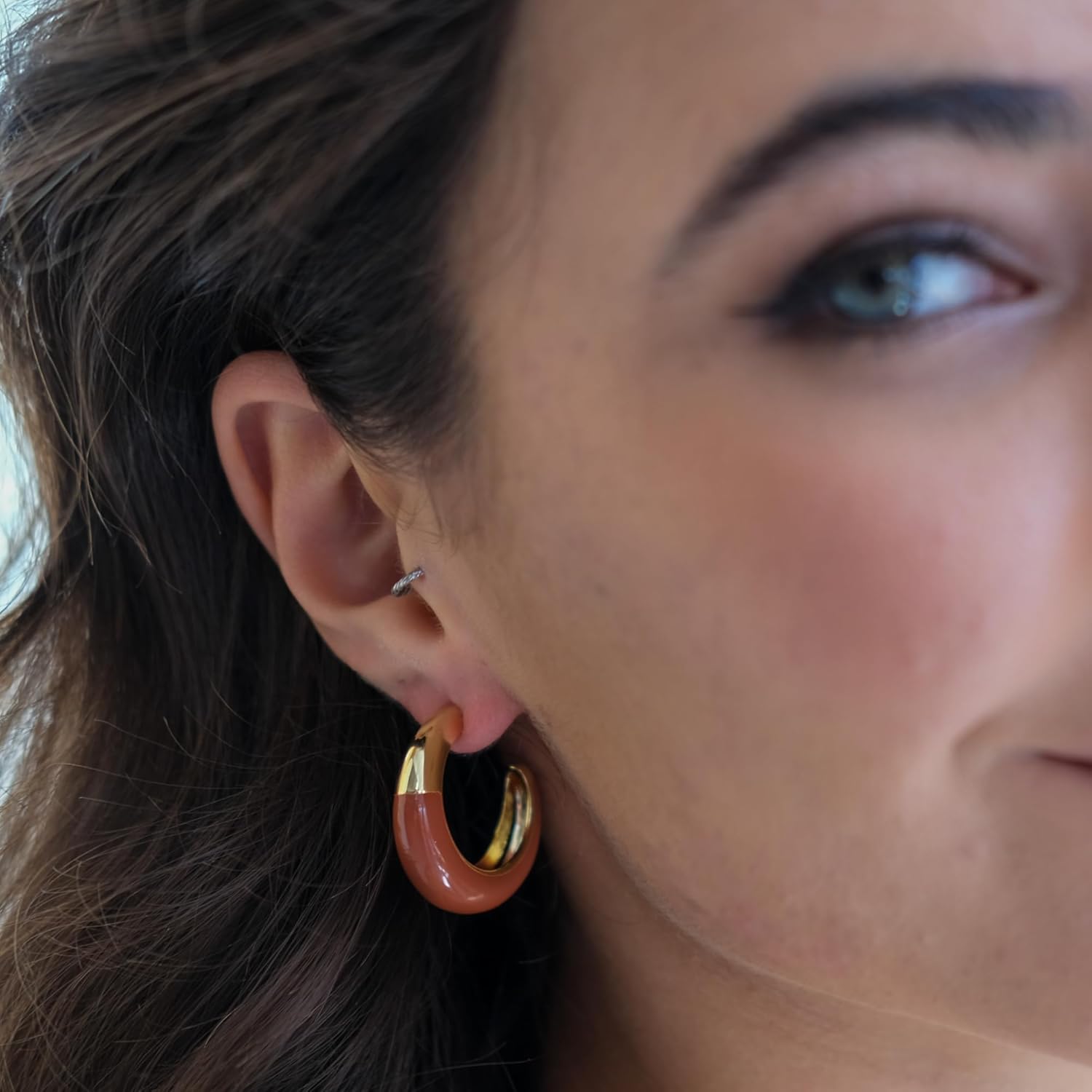 LEMON GRASS Two Tone Enamel Hoop Earrings | Burgundy & Gold Hoops, 1 1/2'' - Image 6