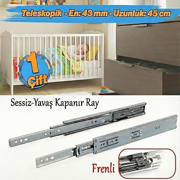 Frenli Teleskopik  ekmece Ray  Bilyal  Dolap  ekmecesi Ray Metal 1  ift En 4.3 cm Uzunluk 45 cm