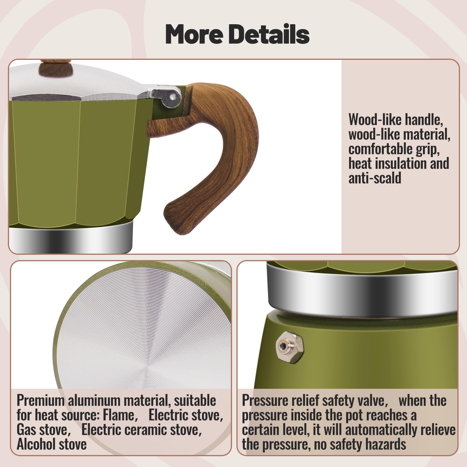 Cafetera de aluminio para 3 tazas, cafetera clásica de 150 ml, cafetera percoladora Mocha Express, cafeteras preferidas para café italiano y cubano, color verde