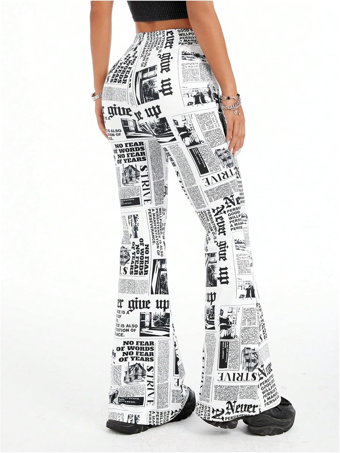 WDIRARA Women's Newspaper Print Flare Wide Leg Elastic Waist Fitted Funky Letter Print Pants - Image 2
