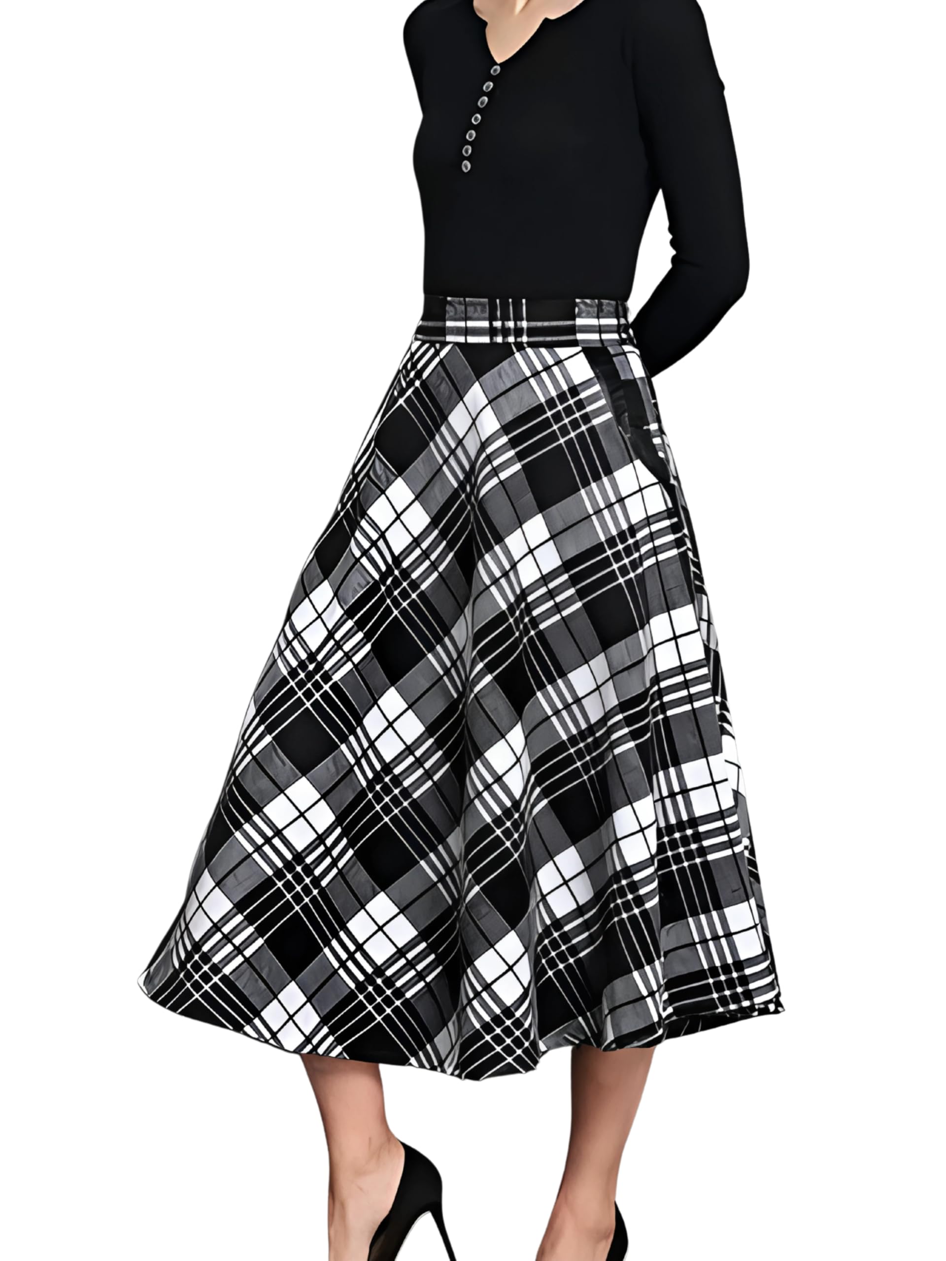 Zelzis Pure Cotton Black Checkered Skirt – High Waist Midi Length-image-17