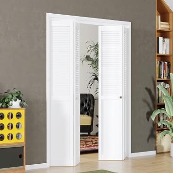 BARNER HOME Half Louvered Bi-Fold Door, Fits 48" x 80" Standdard Openings, White Folding Closet Door with Hardware Kit, Ventilated Top MDF 4 Panels, Ideal for Laundry, Bedroom, or Pantry