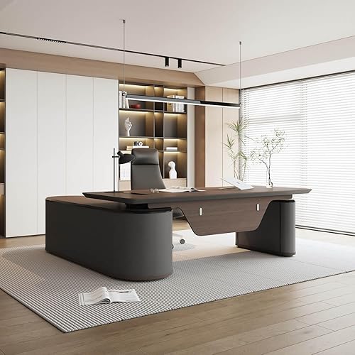 SAINTCY Escritorio ejecutivo grande de oficina con archivador, escritorio ejecutivo en forma de L de 94.5 pulgadas, escritorio ejecutivo ajustable