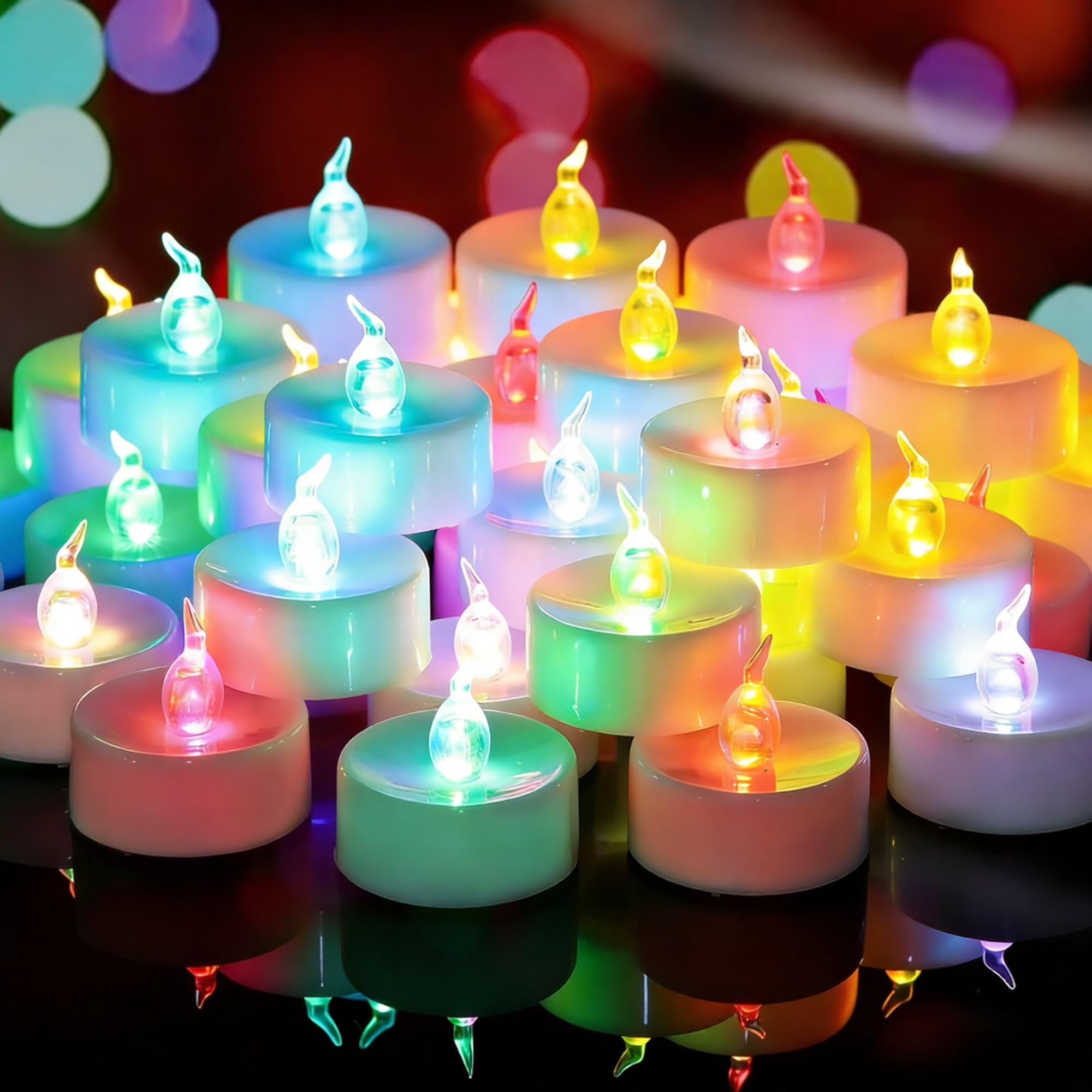 Yakpo 48 Pack Slowly Colour Changing Tea Lights Battery Operated, Flameless Electric Coloured Flicker Votive TeaLights, Colourful Flickering Candles Bulk for Christmas Halloween Pumpkin Decorations