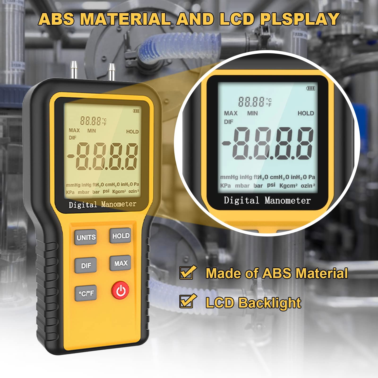 Manometer, Professionelles Luftdruckmesser, Handheld HVAC 12 Selektierbare Einheiten Differenzdruckanzeige,Dual-Port-Manometer-Gasdrucktester mit Hintergrundbeleuchtung (enthaltene Batterie)