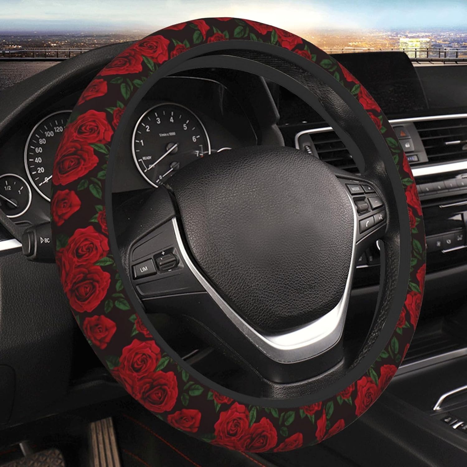 Red Rose Flower Aesthetic Steering Wheel Cover for Women Men Girls Car Accessories Decor Anti-Slip Neoprene Auto Steering Wheel Covers Protector Universal 15 Inch