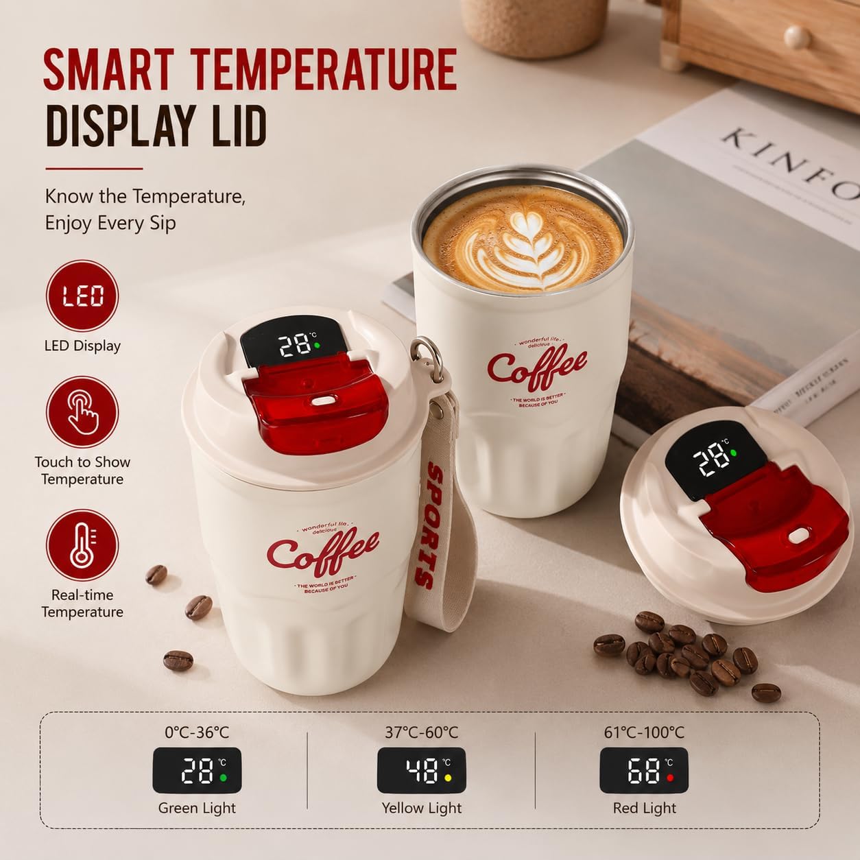 Gobelet isotherme pour café avec couvercle et poignée - Tasse de voyage portable en acier inoxydable 316 - Double paroi pour boissons chaudes et froides (rouge, affichage de la température)
