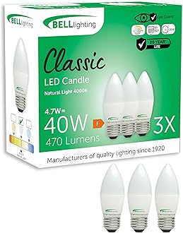 BELL Lighting E27 Screw Bulb LED Candle 3 Pack | Natural White 4000K | 470 Lumen 4.7W | Energy Saving Large Edison Screw Lightbulb | 40W Equivalent | Dimmable [Energy Class E]