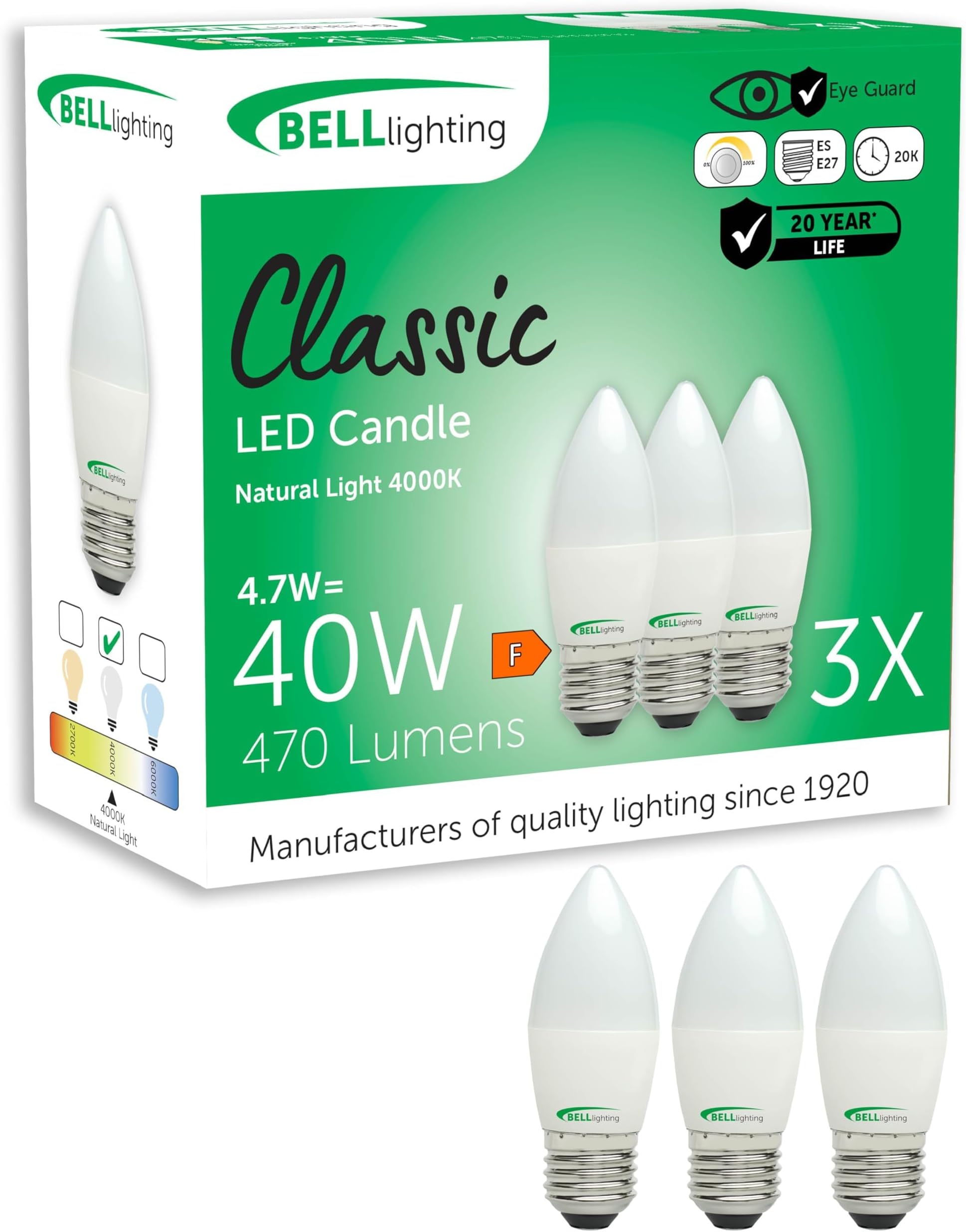 – BELL Lighting E27 Screw Bulb LED Candle 3 Pack | Natural White 4000K | 470 Lumen 4.7W | Energy Saving Large Edison Screw Lightbulb | 40W Equivalent | Dimmable