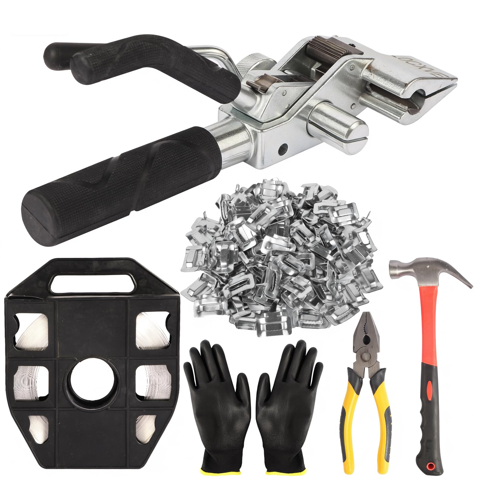 Kit de máquina de embalaje de acero inoxidable 304 de 3/4 pulgadas x 100 pies, 100 hebillas de oreja, 1 tensor de flejado, 1 martillo, 1 alicates y un par de guantes incluidos LOCXVE