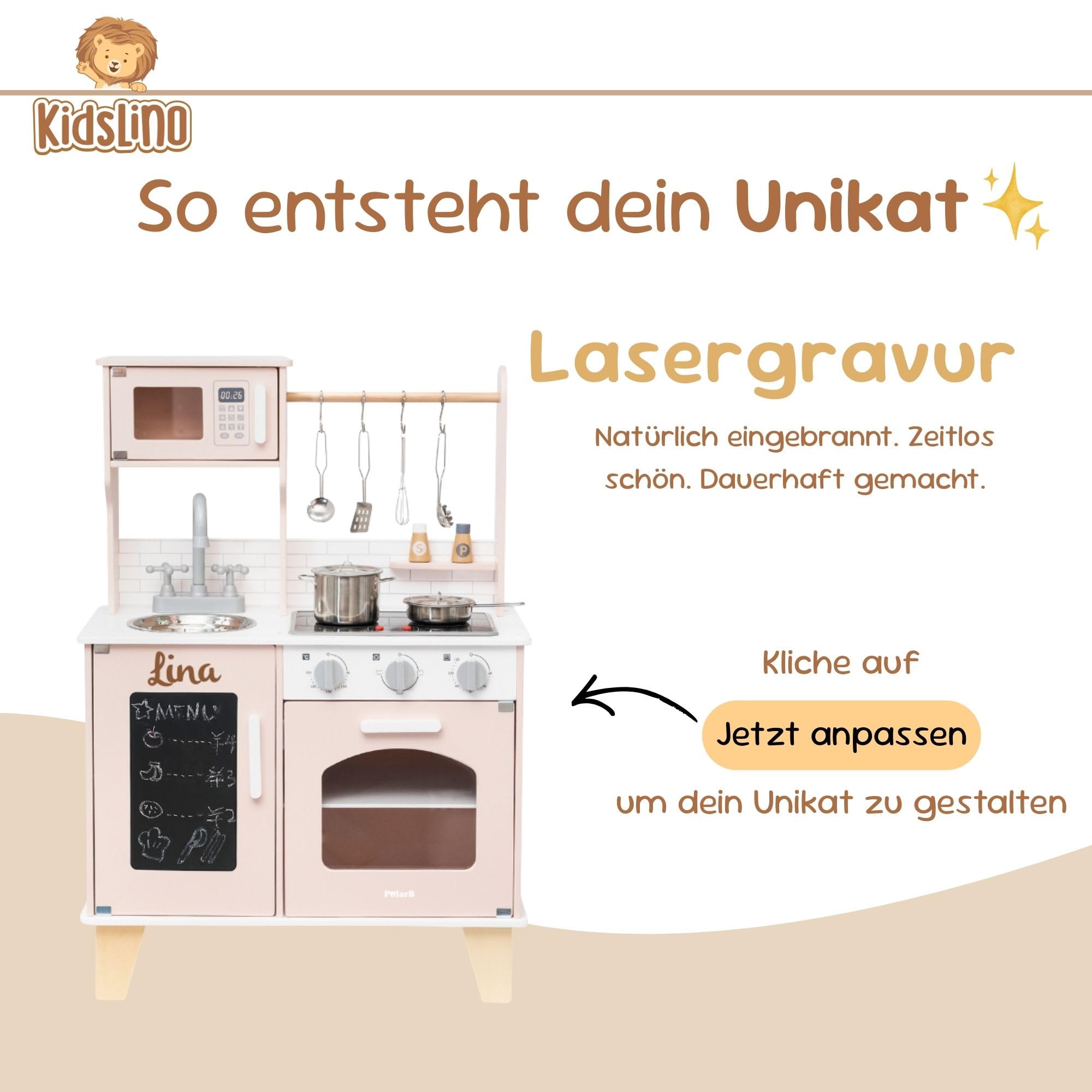 Cucina per bambini in legno personalizzabile – cucina giochi con luce e funzione sonora – cucina bambini con accessori da cucina – regalo 1 compleanno ragazza – rosa