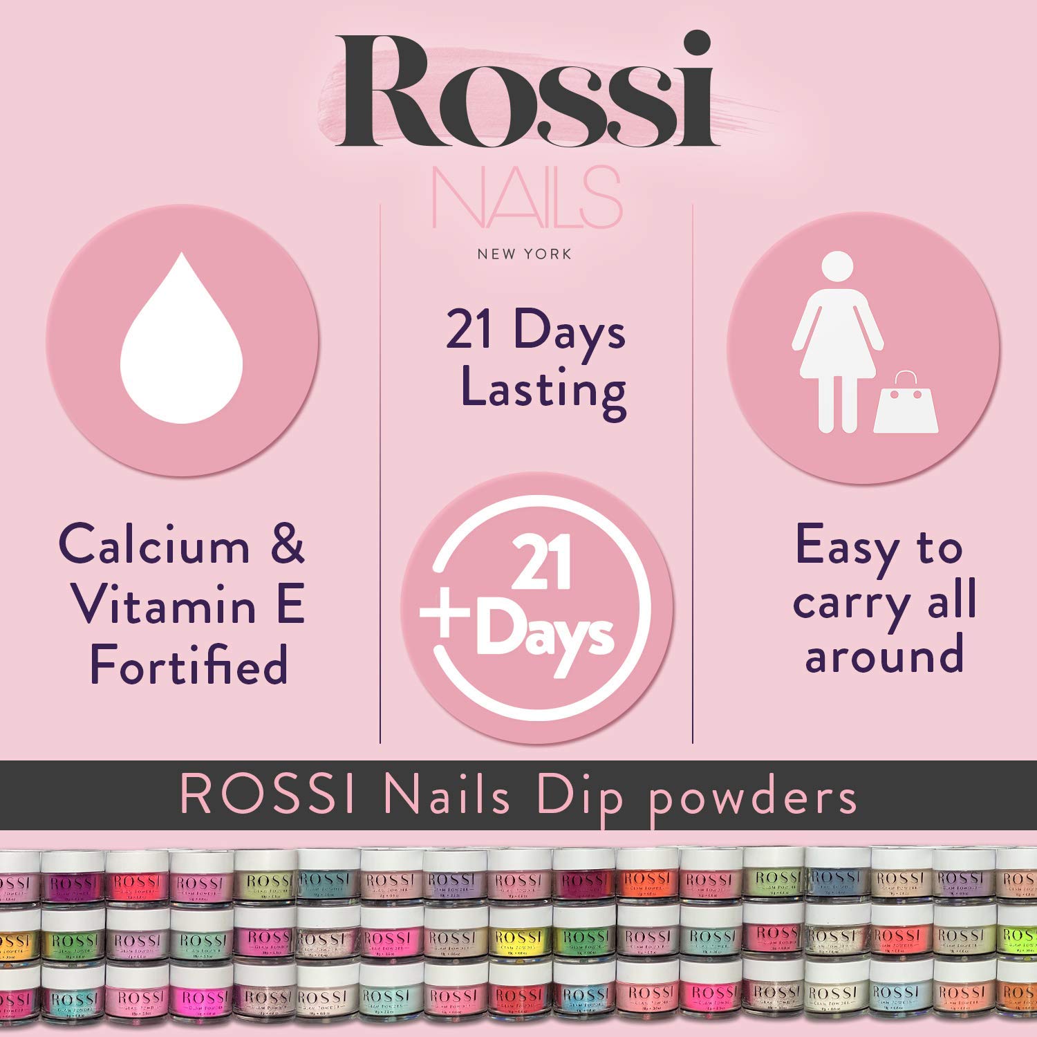 ROSSI Dipping Powder Kit 4 x Color Powder Jar, Base Coat, Activator, Top Coat - NO UV Light Kit Dipping Powder for Healthy Nails Dipping Powder Kit