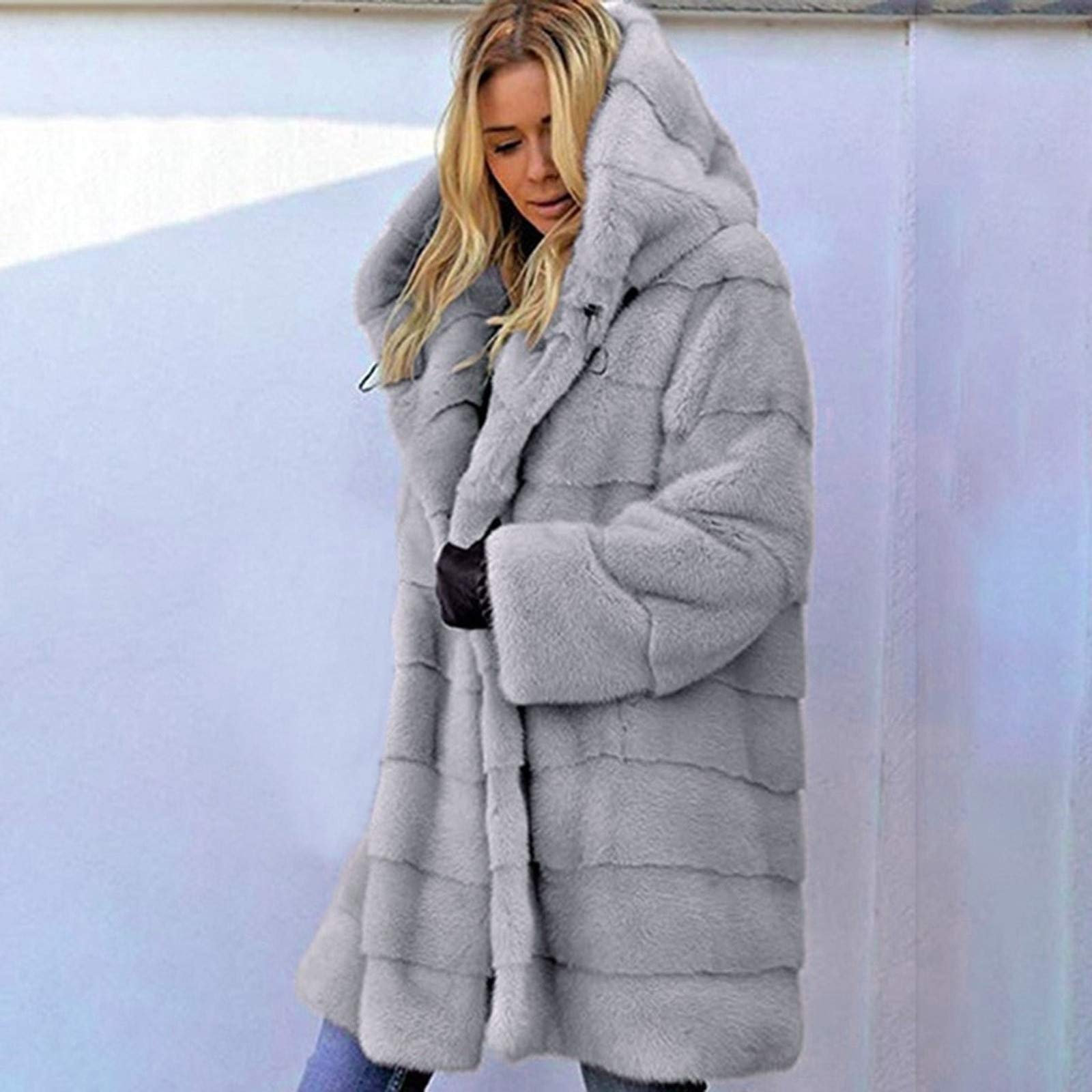 Chaqueta de felpa larga y elegante para mujer, abrigo de invierno para mujer, cálido en la parte delantera, de piel sintética, con cordón, con capucha, con bolsillos, abrigo de entretiempo, abrigo