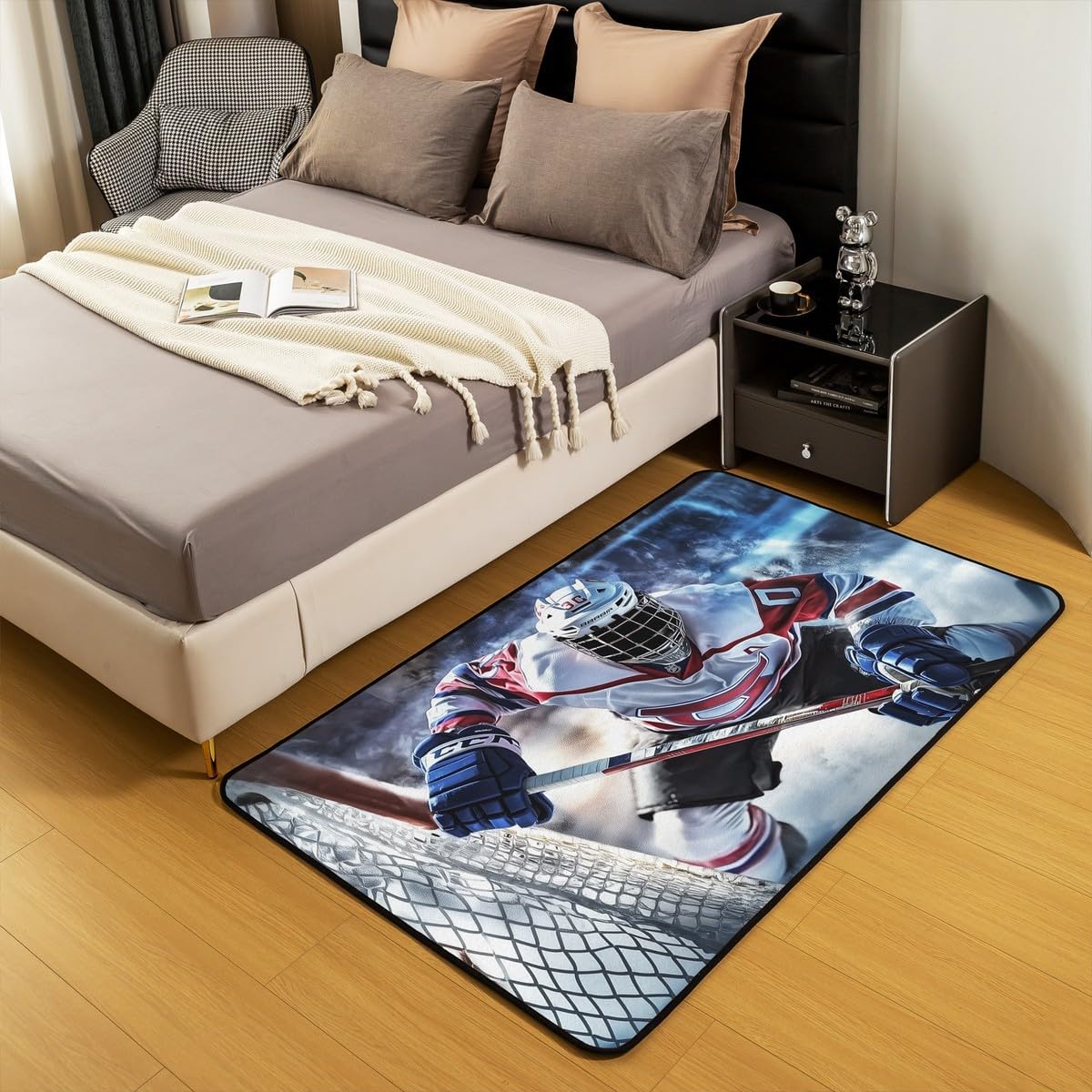Hockey Indoor Floor Mat Entrance Rug,3D Ice Hockey Player Area Rug for Kids Boys Teens Men,Modern Hockey Rink Non Slip Rug Winter Ice Sports Theme Chairs Couch Living Room Decor,5'x6'6''