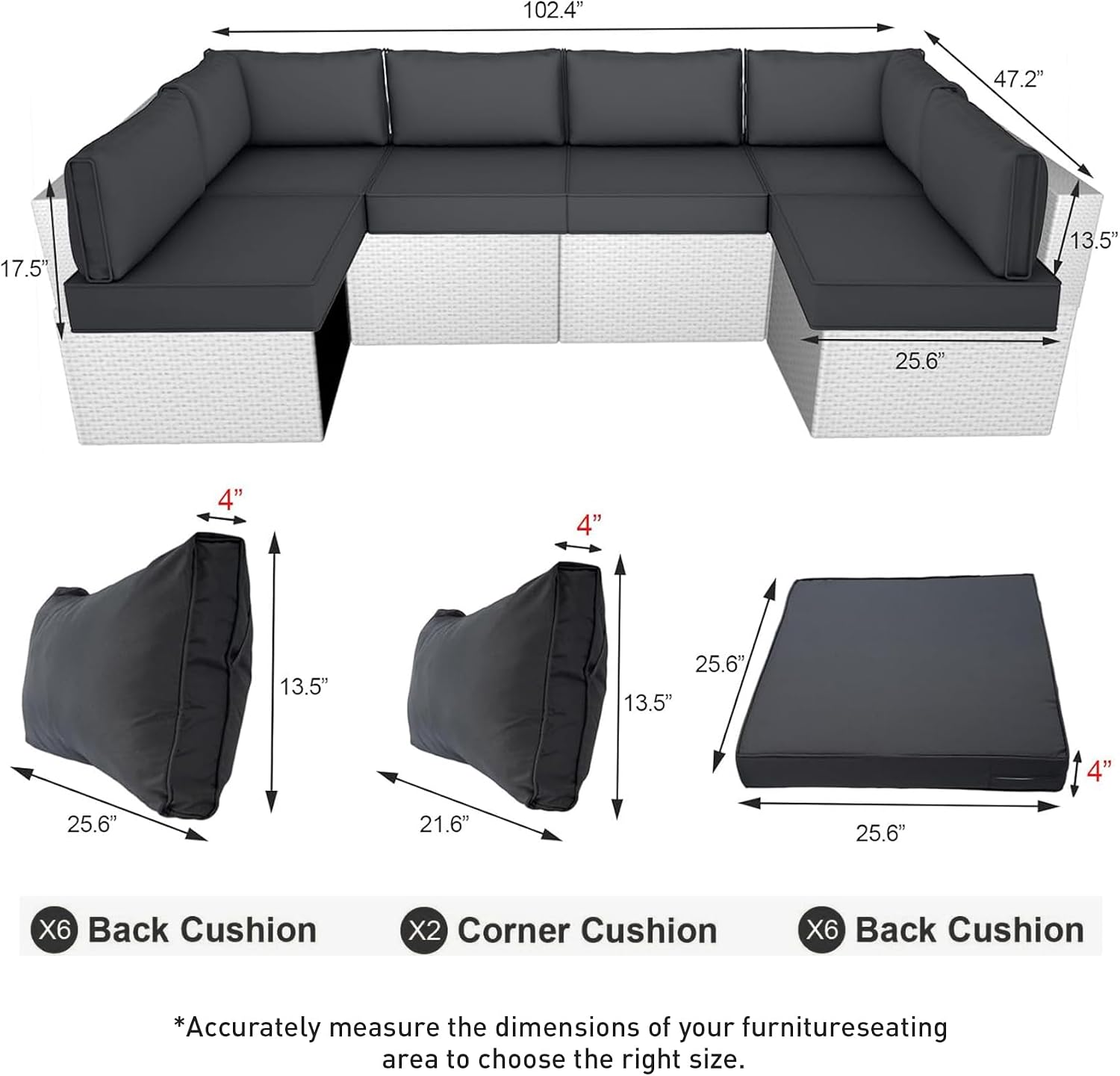 Outdoor Furniture Replacement Cushions, Patio 14-Piece Water-Resistant Cushion Set for Outdoor Couch Sofa, Fits 6-seat Sectional Rattan Conversation Set, Liner&Cover (Dark Gray)