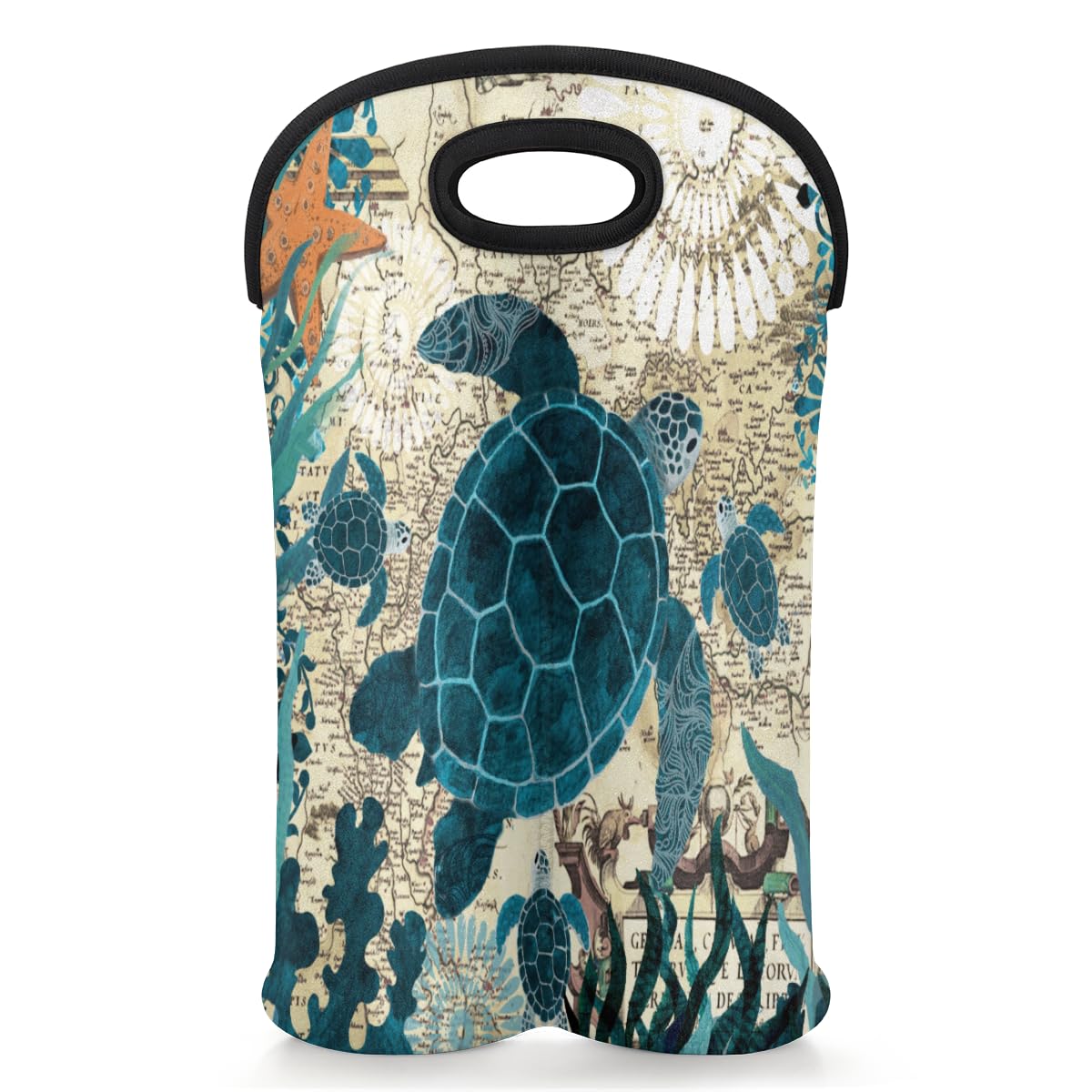 Vintage Sea Turtle 2 Bottle Wine Carrier Tote Bag Insulated Wine Bottles Neoprene Bag with Secure Carry Handle Portable Wine Cooler Bag for Travel