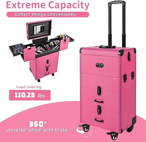 Miniatura 6 de Estuche de tren de maquillaje profesional con ruedas, portátil, organizador de cosméticos, carrito multifuncional para cosméticos, estuche de