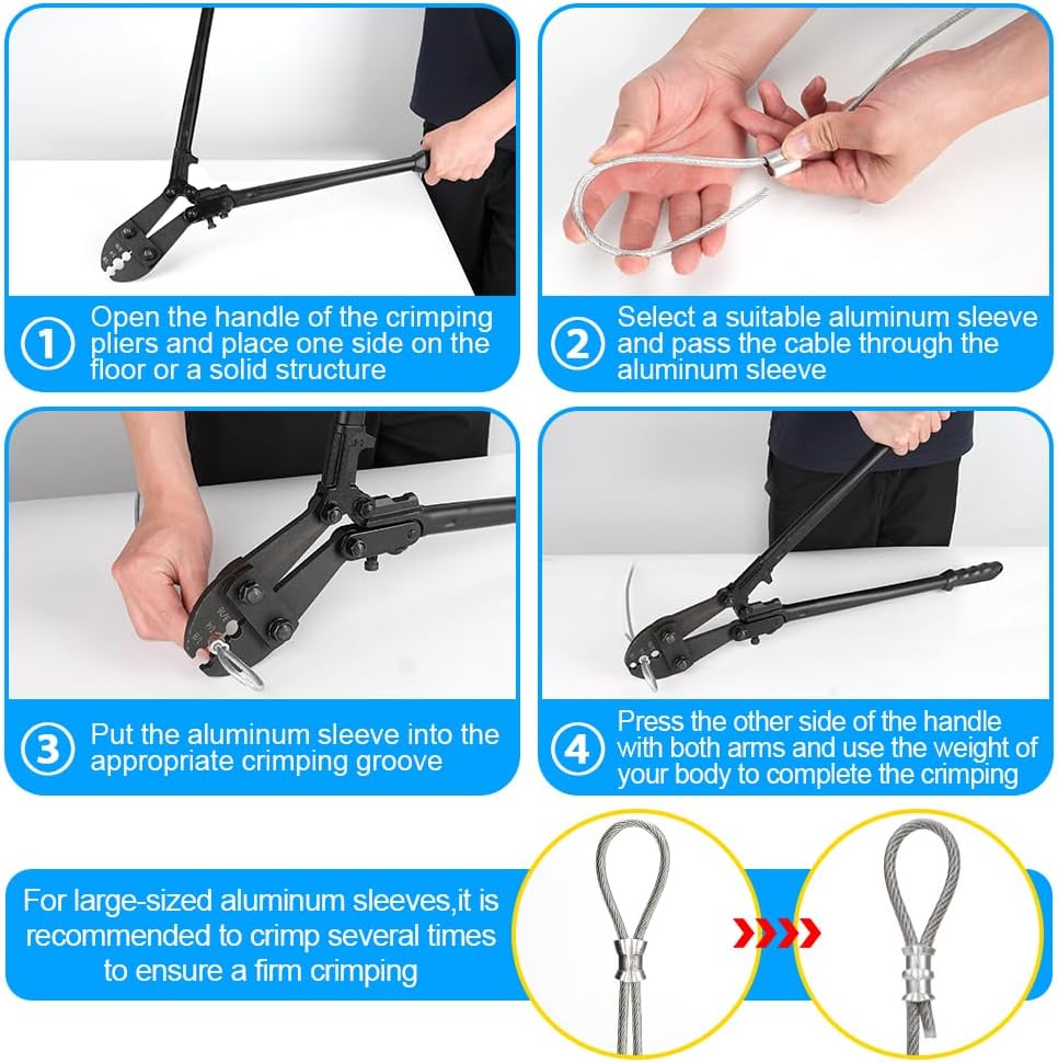 Wire Rope Crimping Tool, 25 Inch Heavy Duty Hand Swaging Tool with 40Pcs Aluminum Loop Sleeves, 3 Cavity Cable Crimping Tool for 1/8" to 1/4" Aluminum Oval Sleeves, Double Sleeves