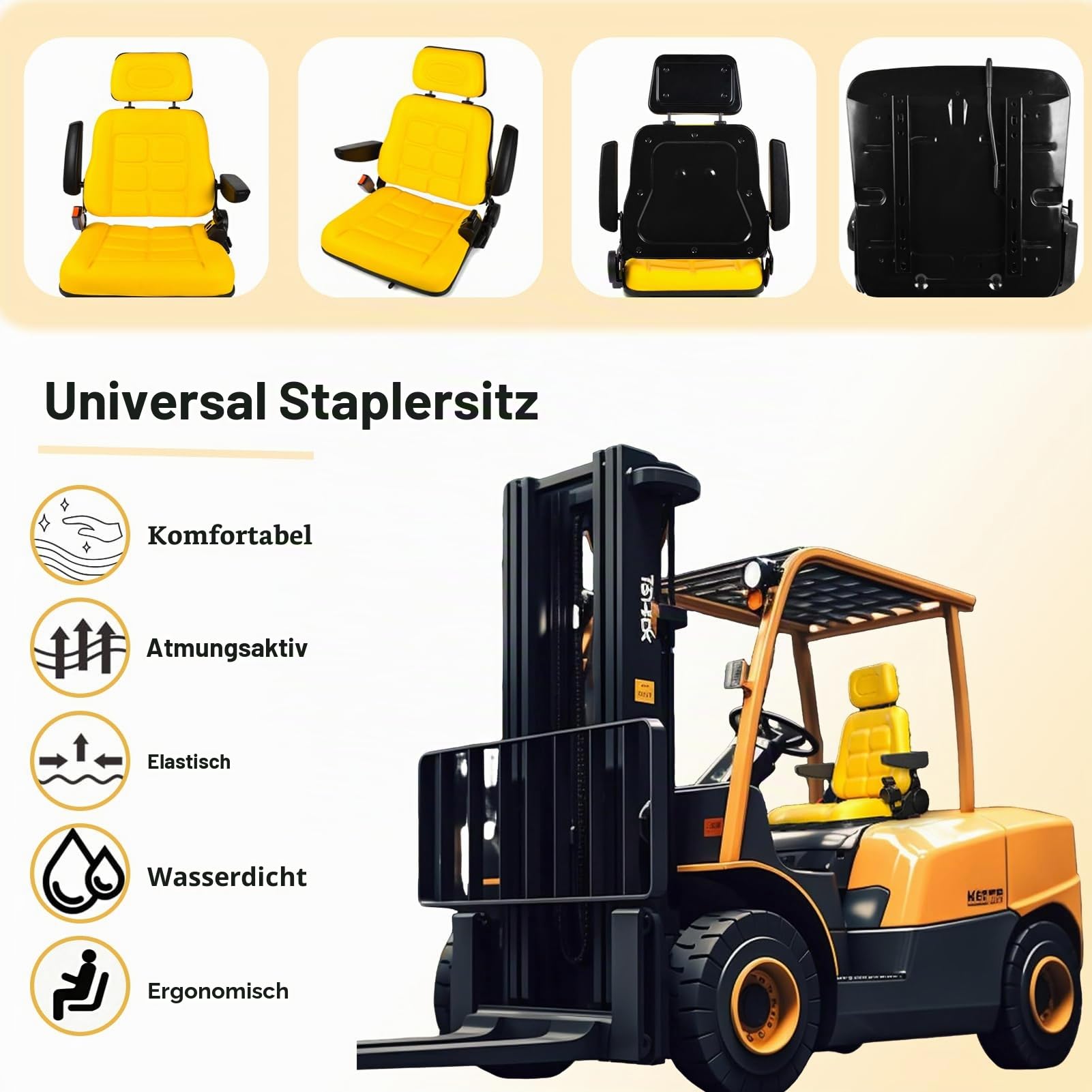 Universaler Traktorsitz mit verstellbarer Rückenlehne und Kopfstütze, gelber Gabelstaplersitz mit Armlehne und Sicherheitsgurt