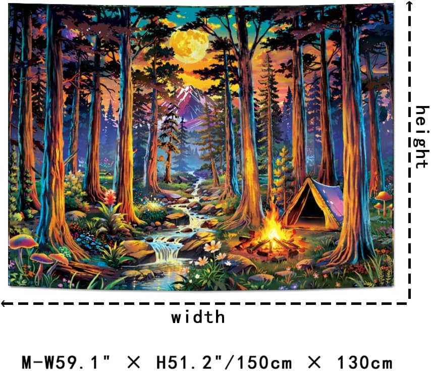 Racunbula Blacklight Fantasy Forest Tapestry UV Reactive Galaxy Space Moon Tapestry Trippy Pine Trees Wall Tapestries Nature Landscape Mountain River Tapestries Wall Hanging for Bedroom