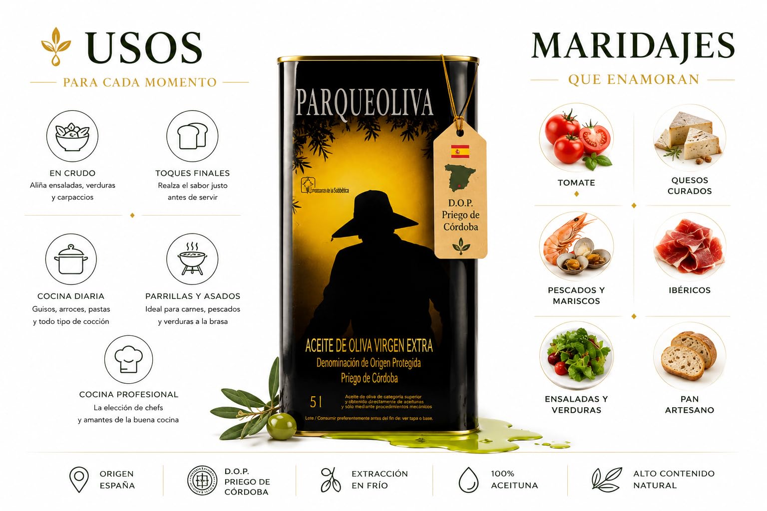 PARQUEOLIVA DOP - Aceite de Oliva Virgen Extra 5 Litros - AOVE D.O.P. Priego de Córdoba Gourmet - Lata 5L - Campaña 2025/2026 - Coupage Picuda y Hojiblanca - Frutado Intenso y Equilibrado - MIAOVE