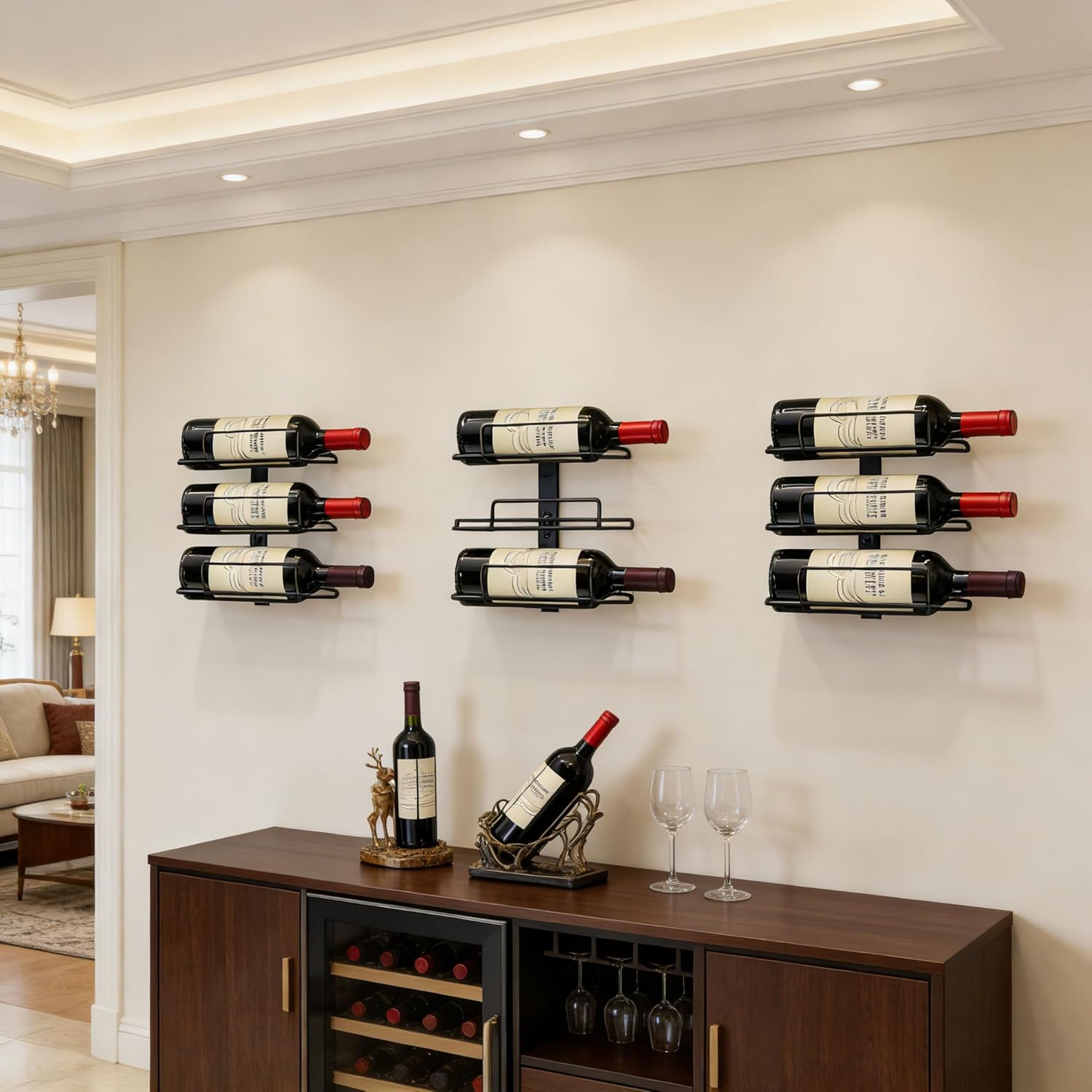 Wall Mounted Wine Rack, Black Metal 9-Wine Bottle Storage Display, Modern Wine Rack Vertical Space Saving Design for Home Bar,Kitchen,Dining Room,Wine Cellar - Image 7