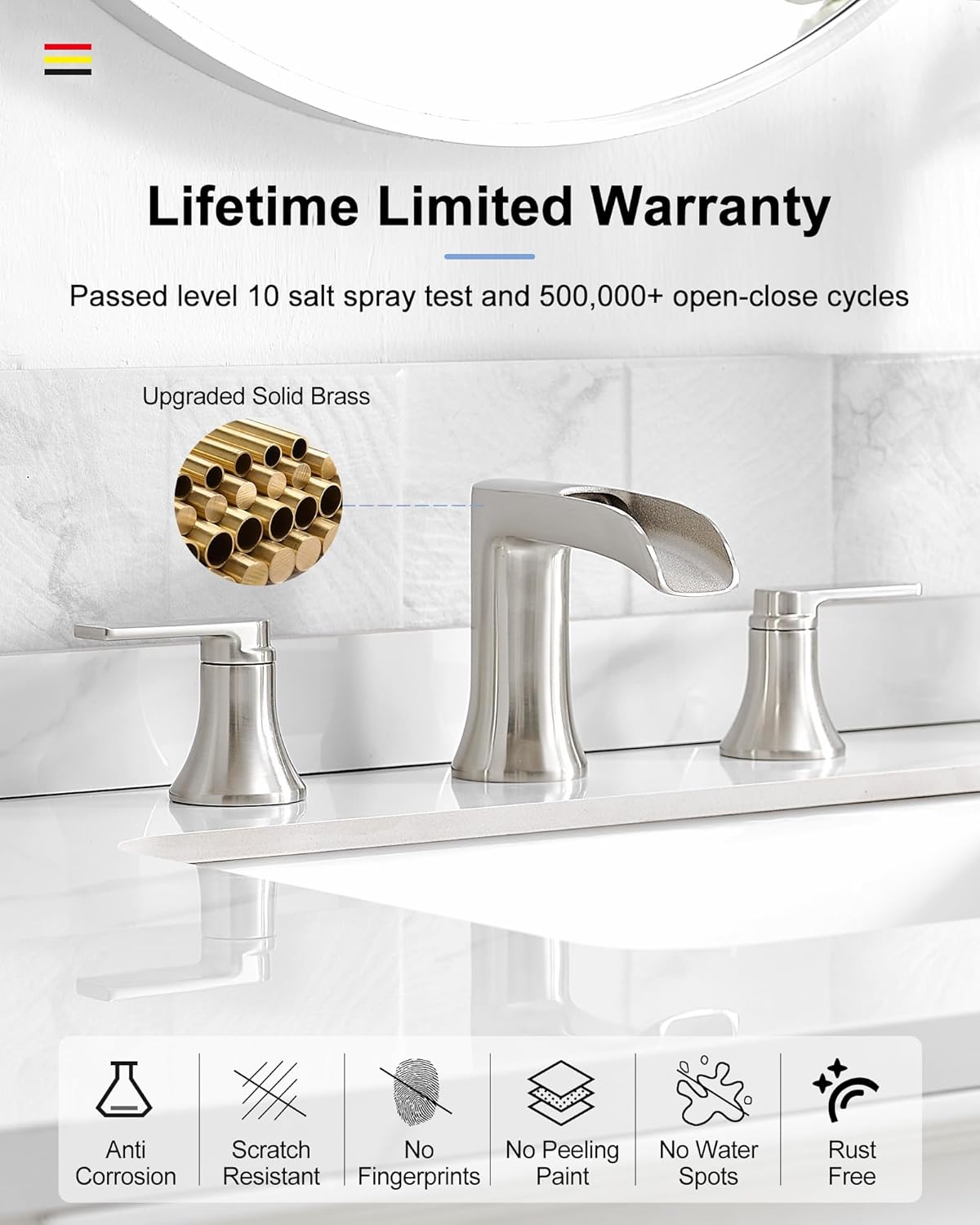 Brushed Nickel Widespread Bathroom Faucet, 2 Handles Waterfall Faucet, Bathroom Faucets for Sink 3 Hole, 8 Inch Solid Brass Bathroom Sink Faucets for Vanity Lavatory Restroom with Pop Up Drain