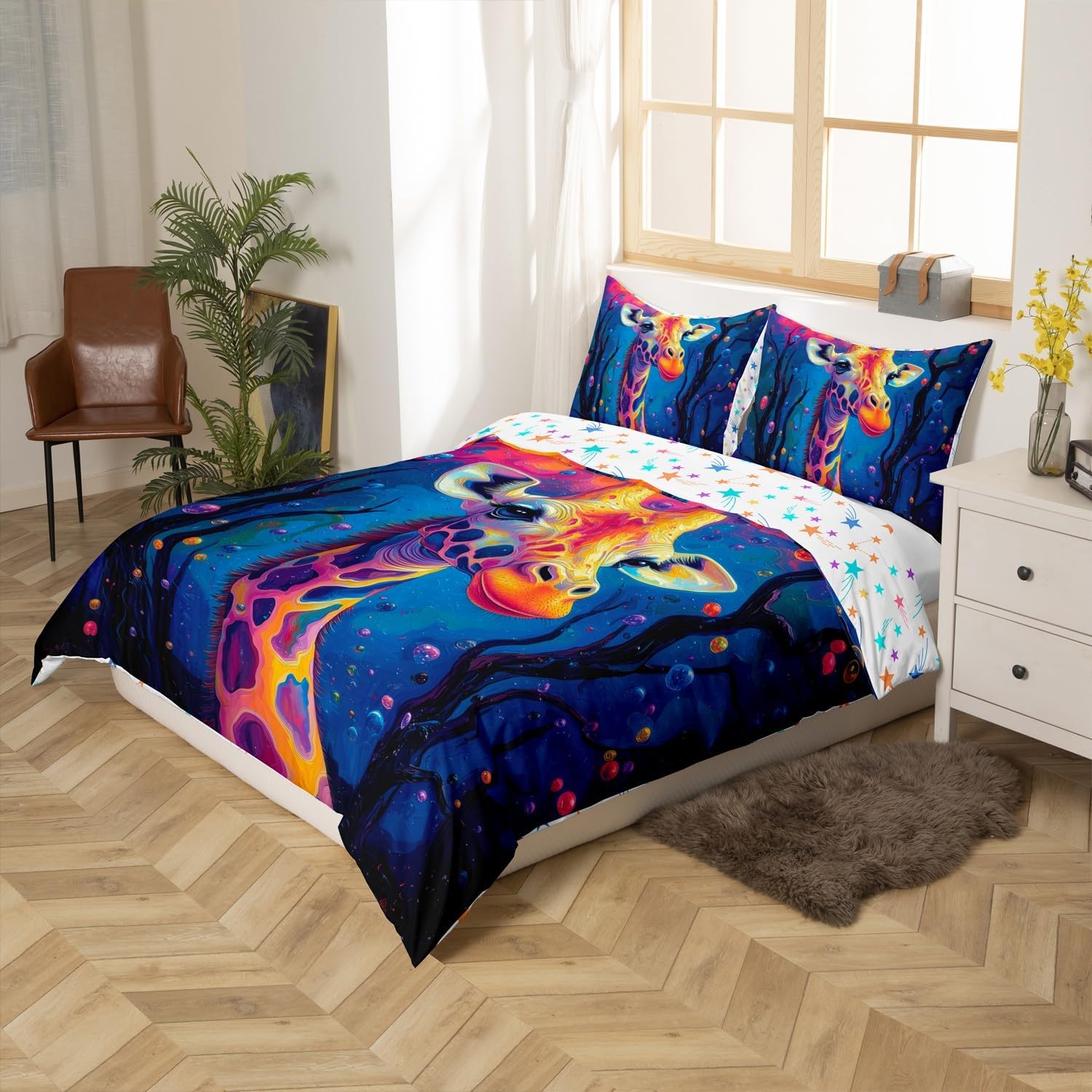 Giraffe Duvet Cover Set Toddler,African Wild Animals Comforter Cover 2pcs for Boys Teens,Abstract Jungle Trees Quilt Cover,1 Pillowcase(No Comforter),Colorful Gradient Tie Dye Bedding Quilt Cover