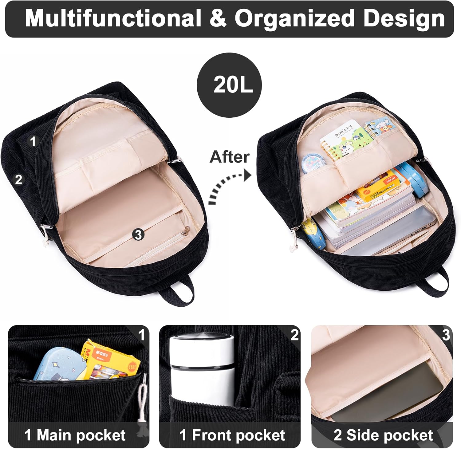 BTOOP School Backpack for Teens Large Corduroy Bookbag Lightweight 15.6 inch Laptop Bag for Girls Women Casual High School College - Image 4