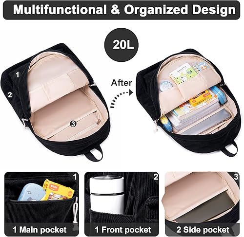 Miniatura 4 de BTOOP Mochila escolar para adolescentes, mochila grande de pana ligera, para niñas, niños, casual, escuela secundaria, universidad, Negro, 17 pulg.,