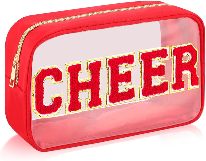 Necessaire de maquiagem Abbylike Cheers transparente com letras de chenille, vermelha